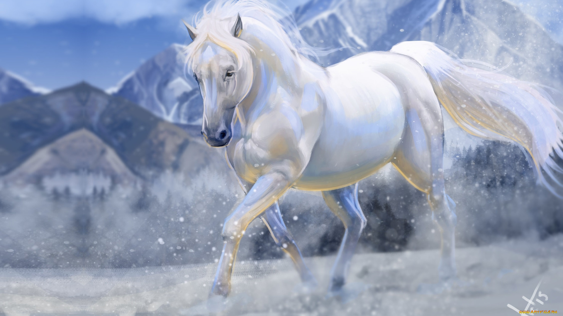 рисованное, животные, , лошади, конь, снег, зима, горы, арт