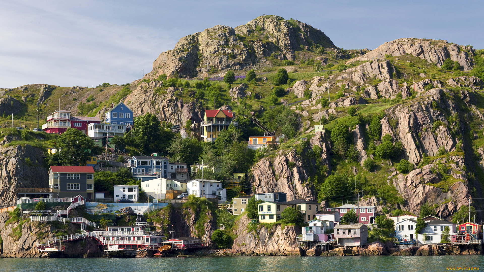 st, john`s, harbour, newfoundland, and, labrador, canada, города, пейзажи, канада, горы, здания, побережье