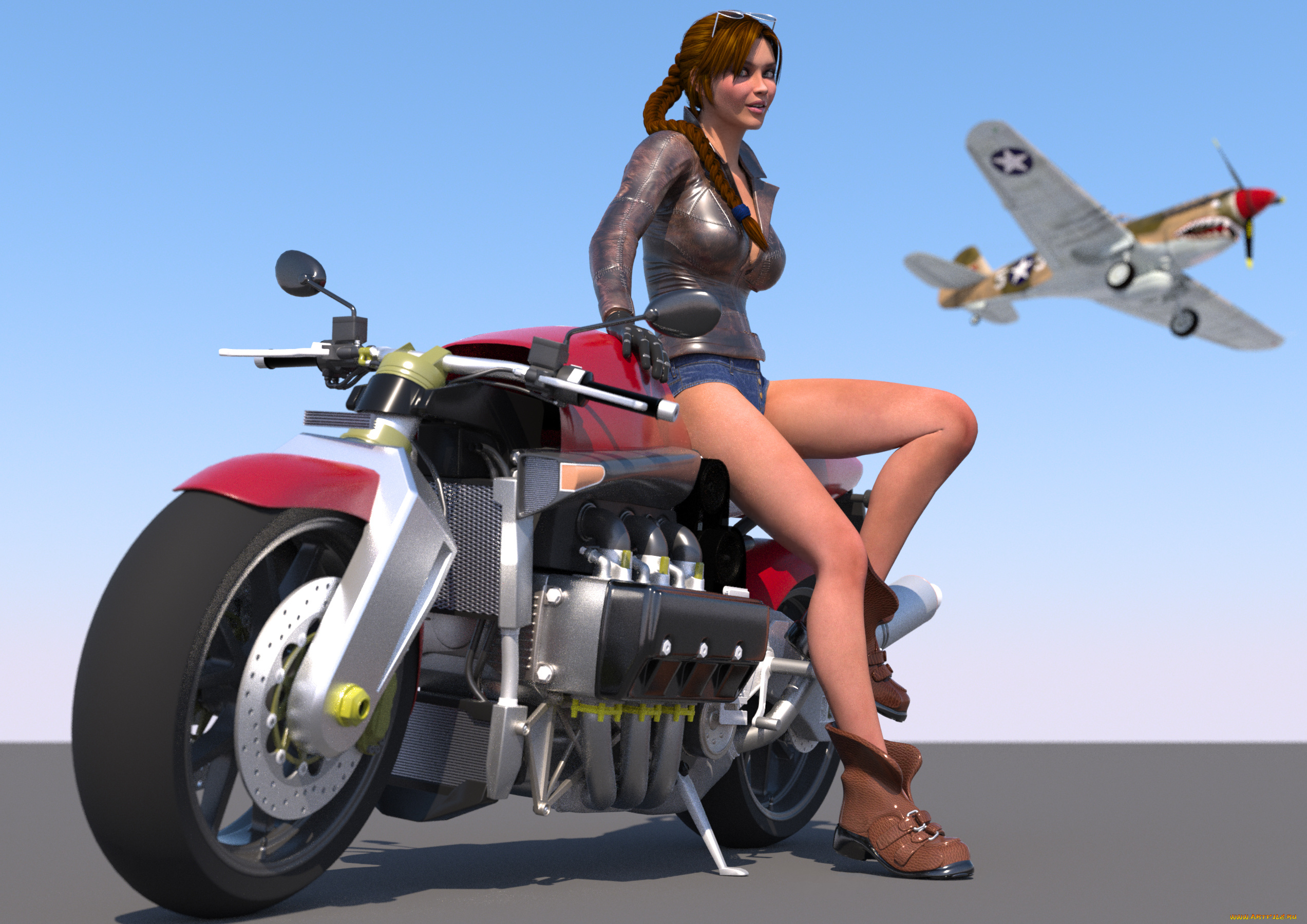 мотоциклы, 3d, девушка, мотоцикл