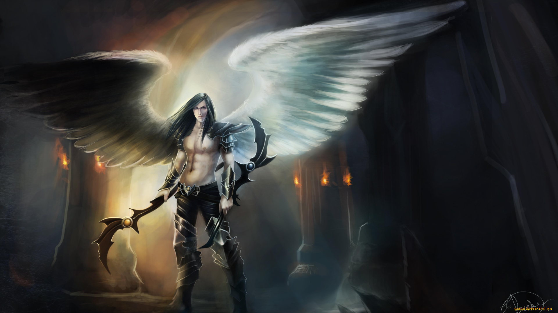 фэнтези, ангелы, парень, крылья, взгляд, демон, ангел, арт, фантастика, оружие