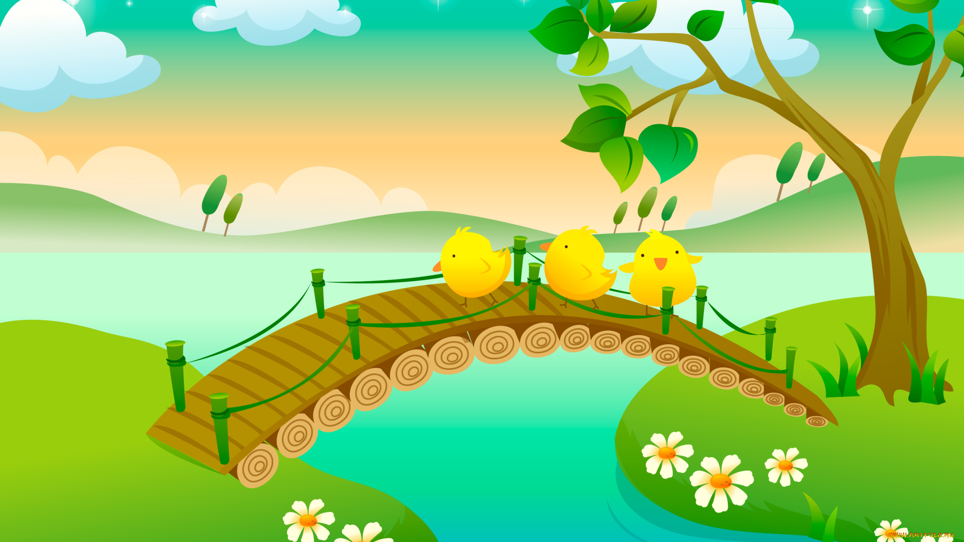векторная, графика, мост, цыплята, вода, река, дерево, цветы, небо