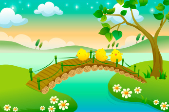 Картинка векторная+графика мост цыплята вода река дерево цветы небо