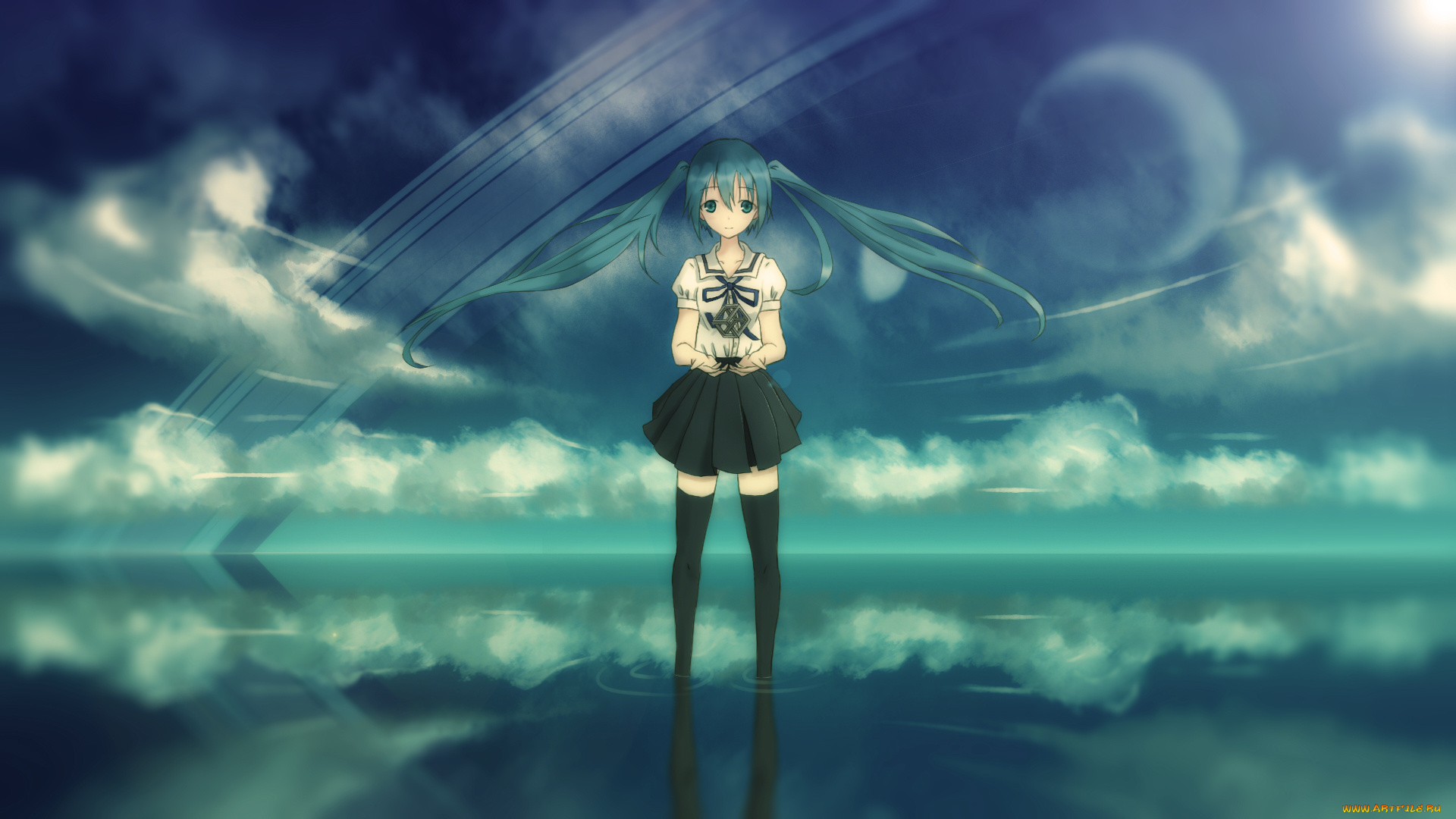 аниме, vocaloid, hatsune, miku, облака, отражение, девушка, небо, арт, вода