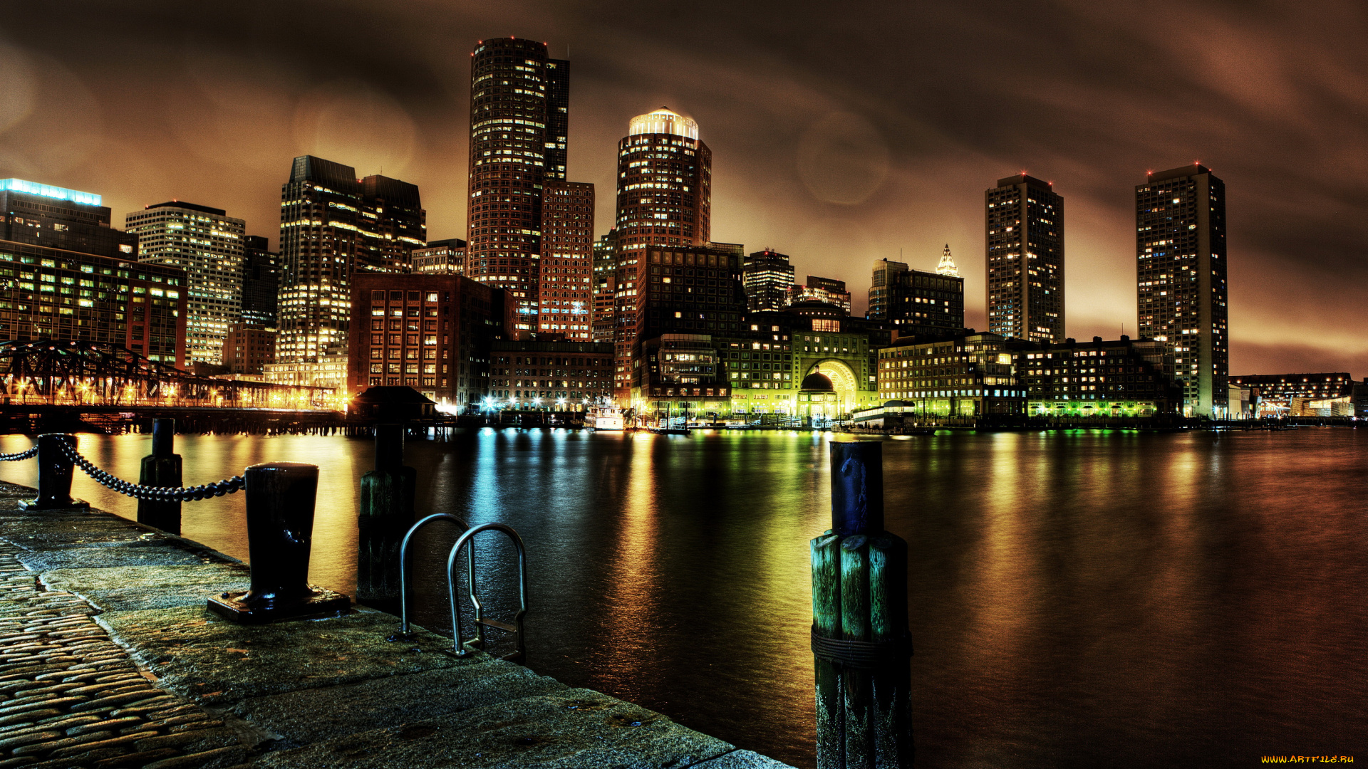 бостон, сша, города, бостон, , сша, мост, река, дома, бостон, фонари, ночь