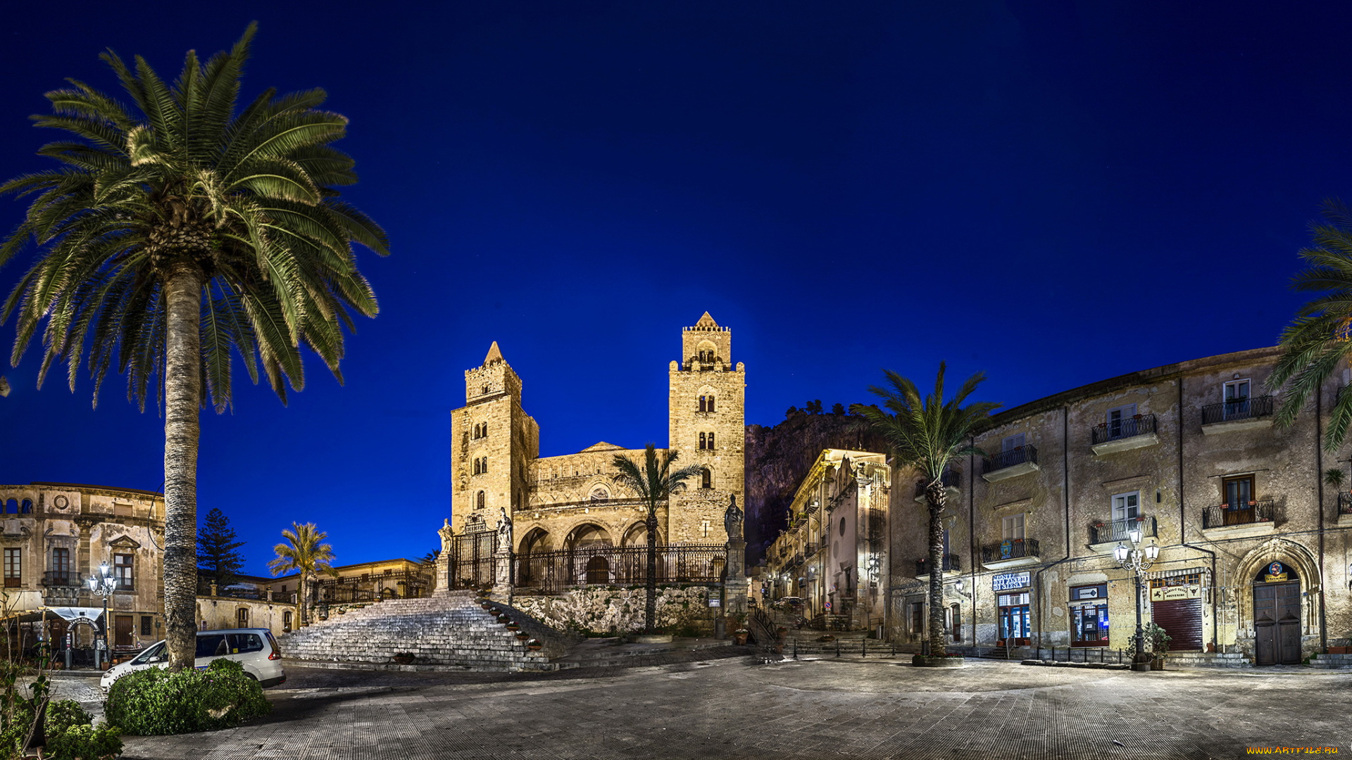 cefalu, cathedral, сицилия, города, -, католические, соборы, , костелы, , аббатства, пальма, италия, храм, огни, ночь, сицилия