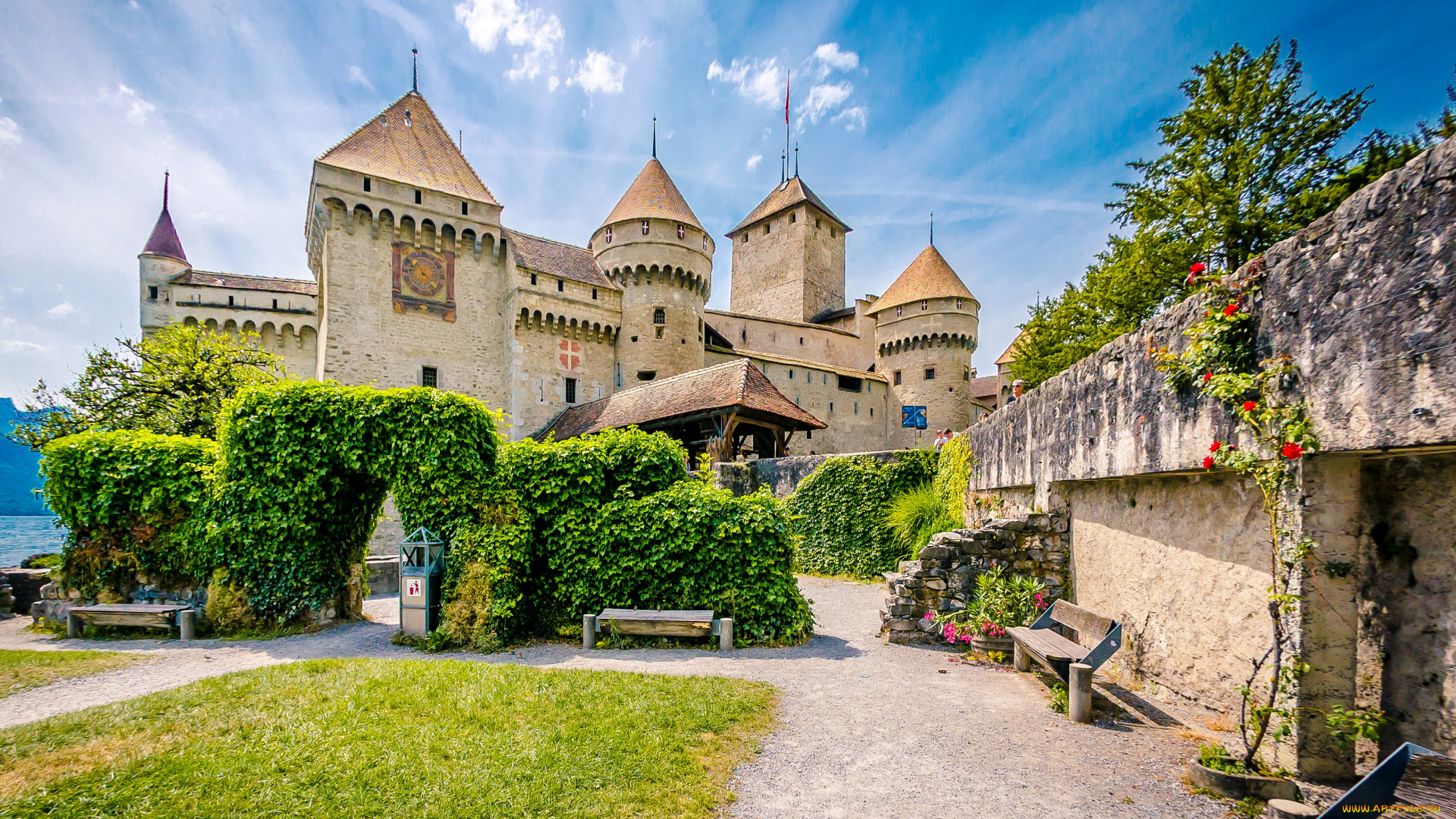 chillon, castle, швейцария, города, замки, швейцарии, chillon, ландшафт, кусты, скамейка, замок, швейцария, castle