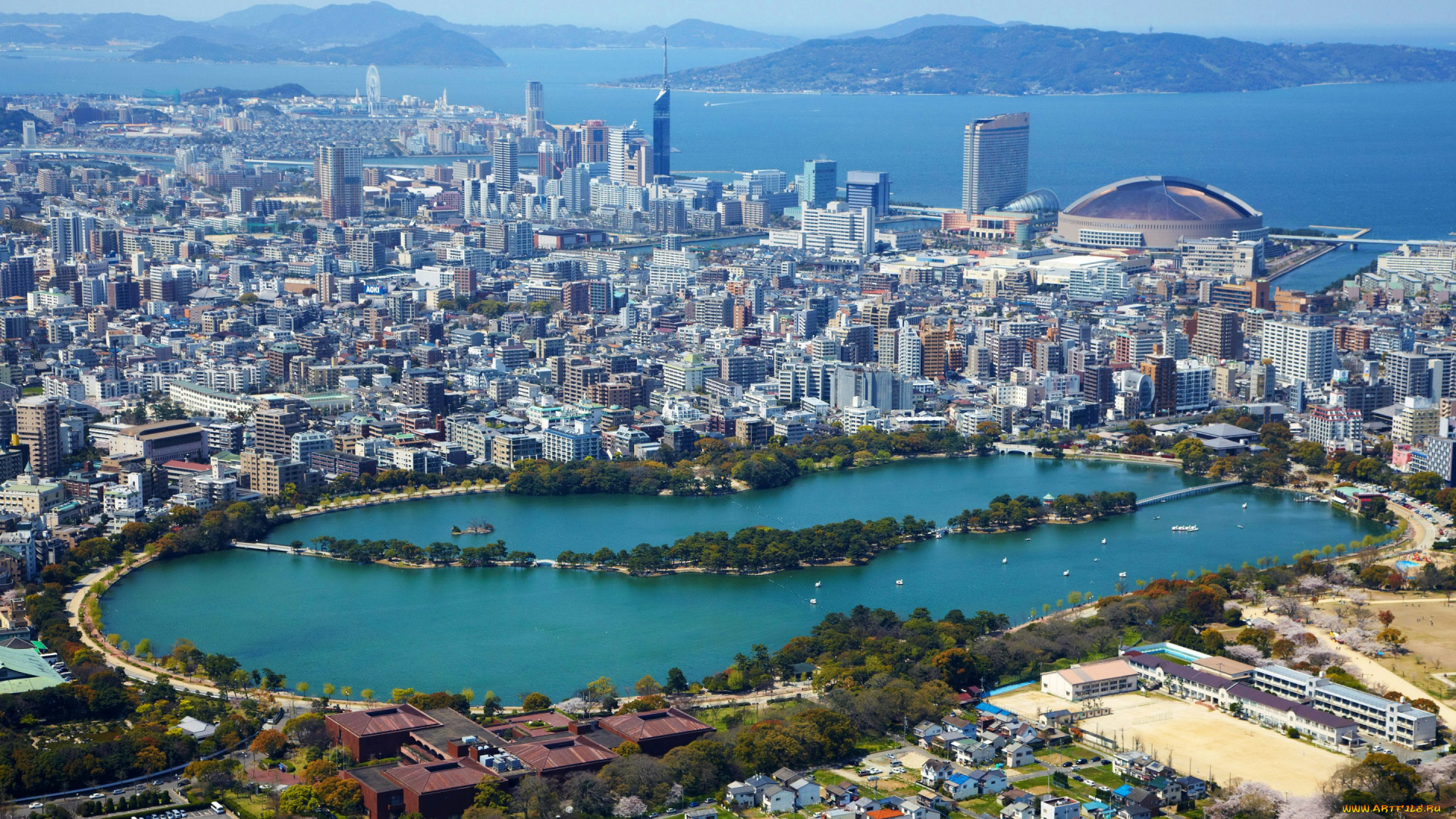 города, -, панорамы, Япония, fukuoka, мегаполис, дома, озеро, побережье, море, панорама, вид, сверху