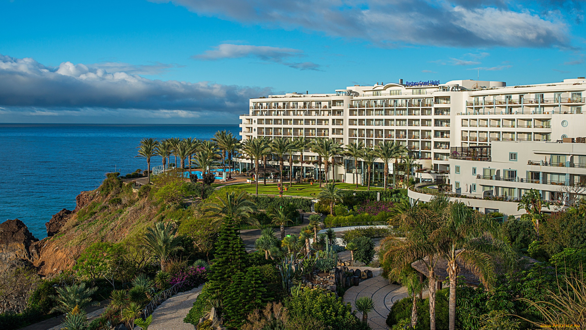 города, -, здания, , дома, madeira, отель, здание, берег, море, пальмы, funchal, португалия