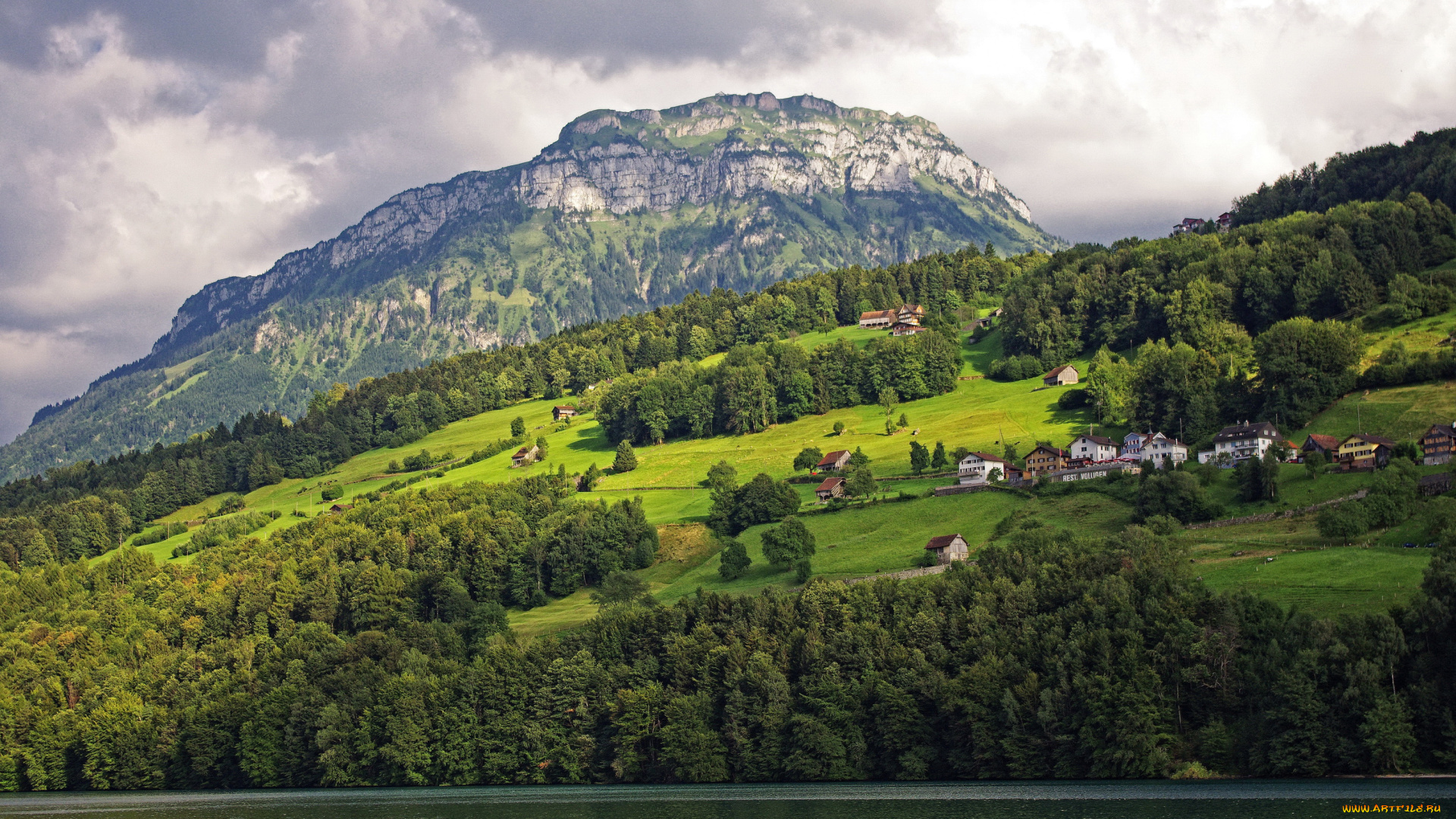 lake, lucerne, швейцария, природа, пейзажи, дома, лес, lucerne, горы, озеро, швейцария, lake