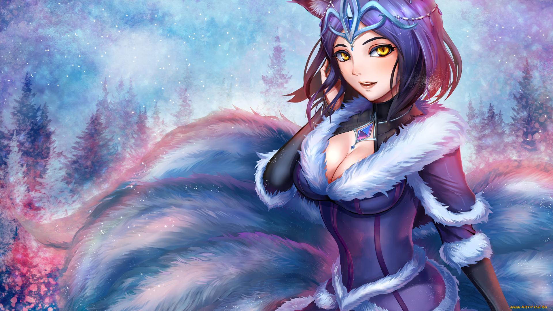 league, of, legends, фэнтези, существа, ahri, игра, зима, девушка, арт, league, of, legends