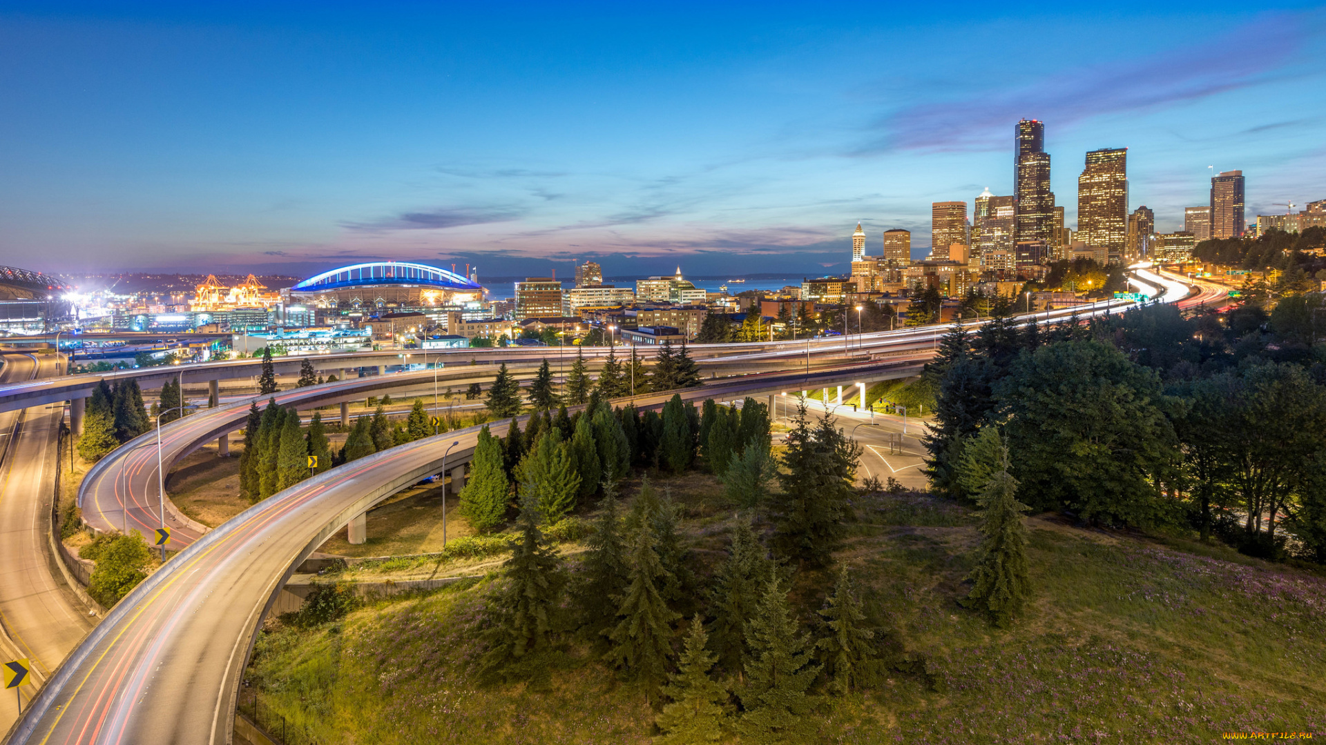 seattle, from, jose, rizal, bridge, , usa, города, сиэтл, , сша, огни, небоскребы, мосты, магистраль, сумерки