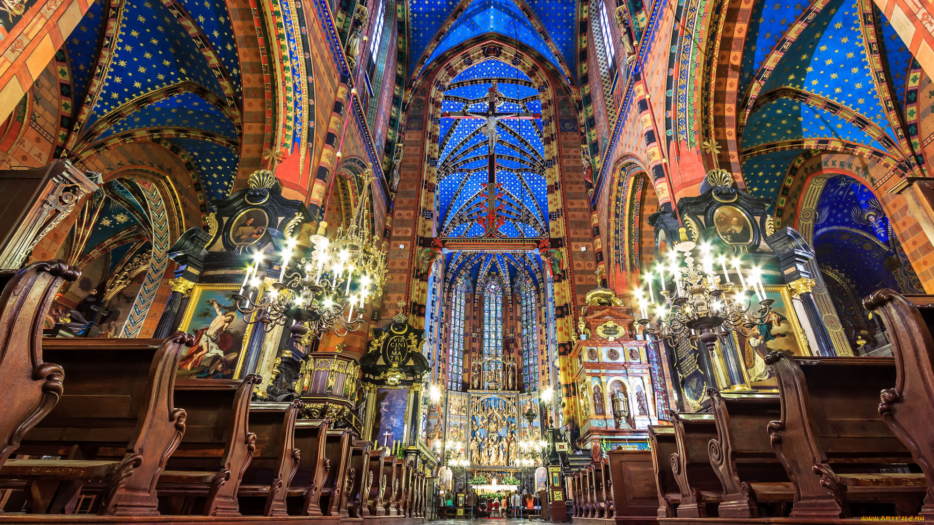 st, , mary`s, basilica, , krakow, poland, интерьер, убранство, , роспись, храма, храм