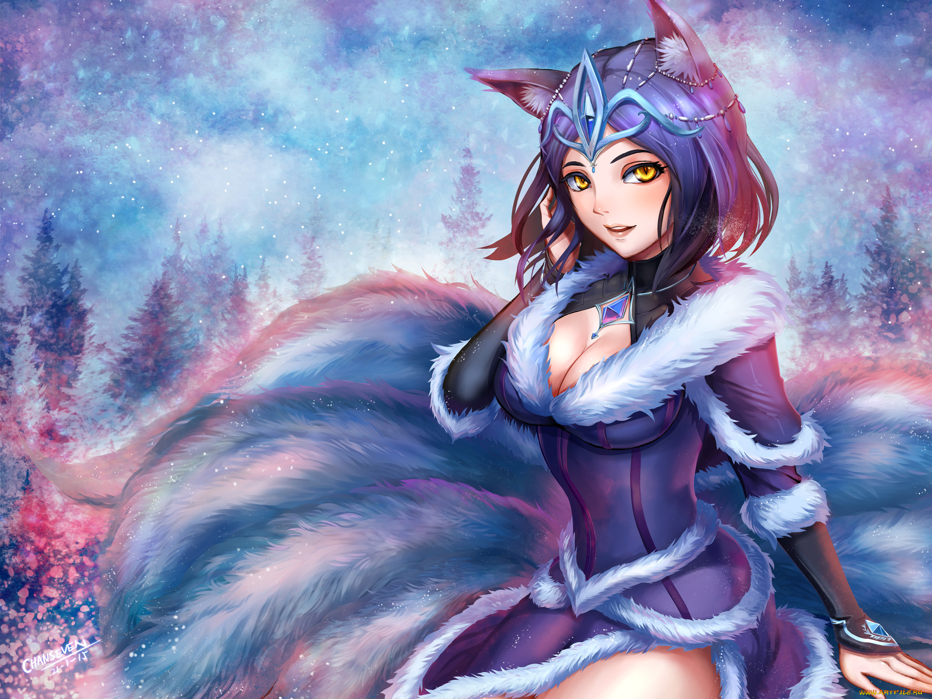 league, of, legends, фэнтези, существа, ahri, игра, зима, девушка, арт, league, of, legends