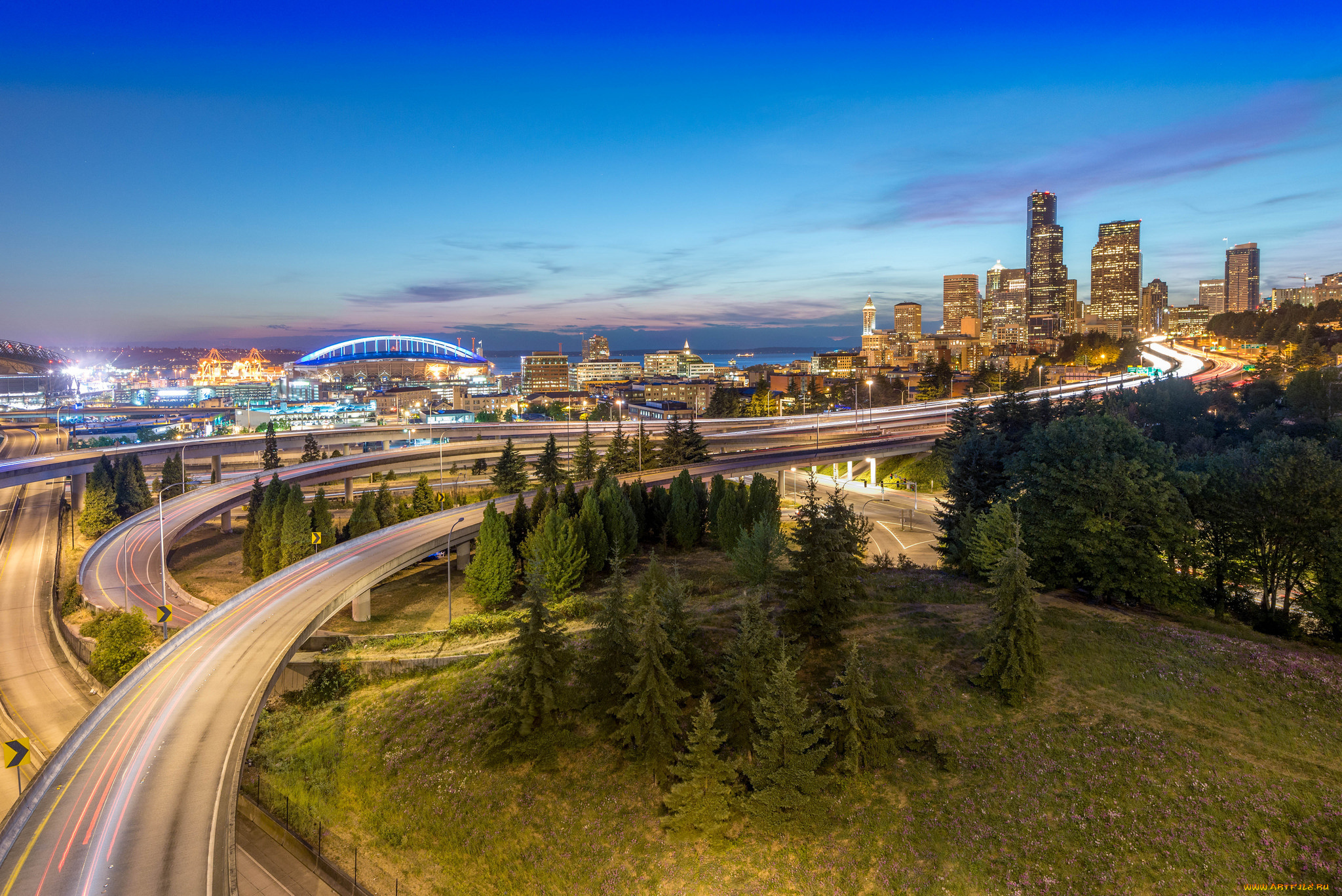 seattle, from, jose, rizal, bridge, , usa, города, сиэтл, , сша, огни, небоскребы, мосты, магистраль, сумерки