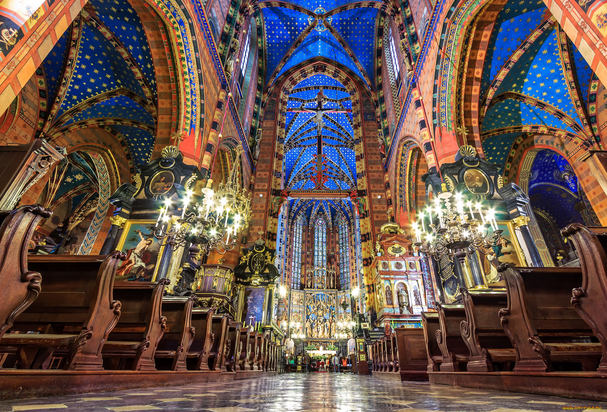 st, , mary`s, basilica, , krakow, poland, интерьер, убранство, , роспись, храма, храм