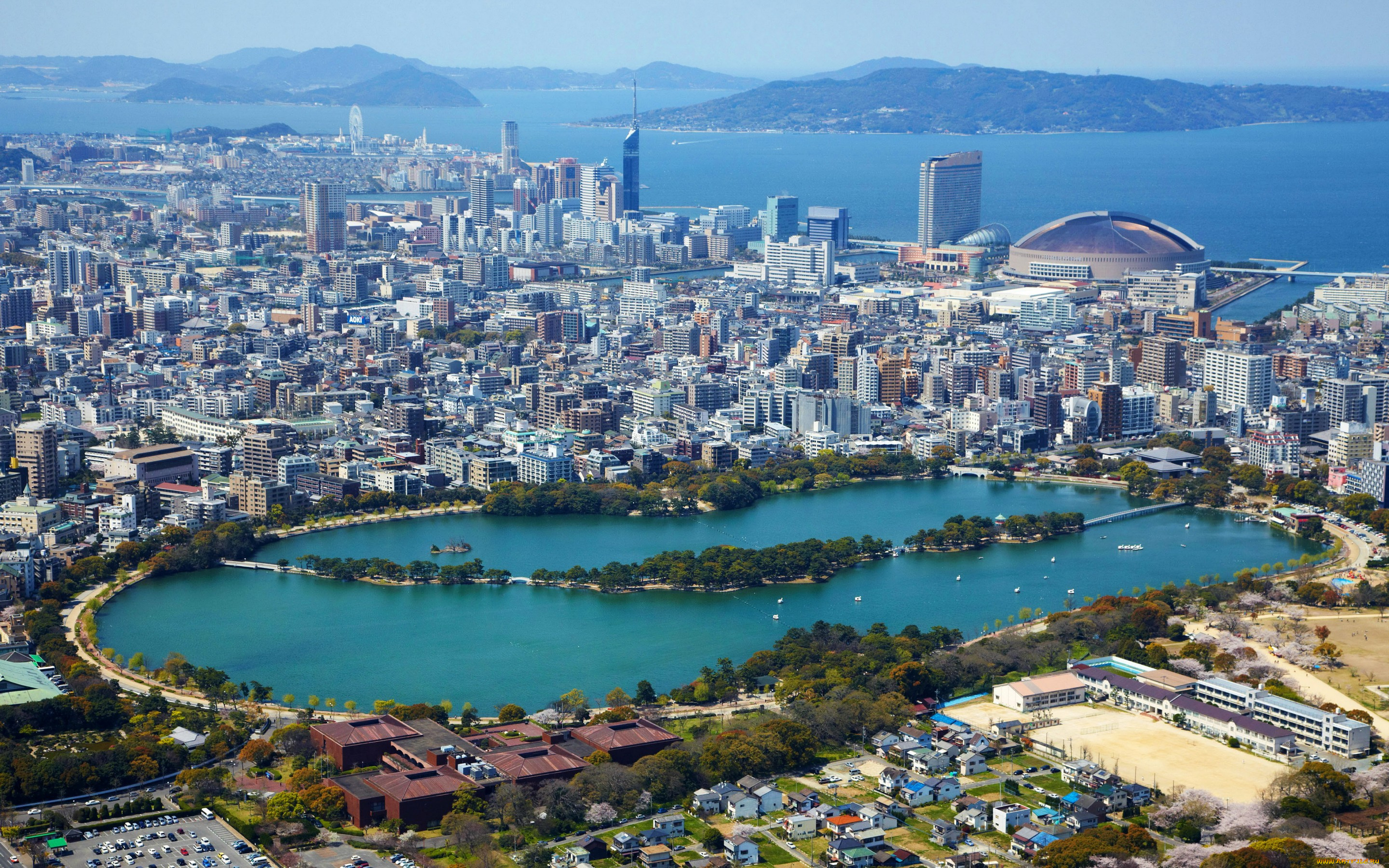 города, -, панорамы, Япония, fukuoka, мегаполис, дома, озеро, побережье, море, панорама, вид, сверху