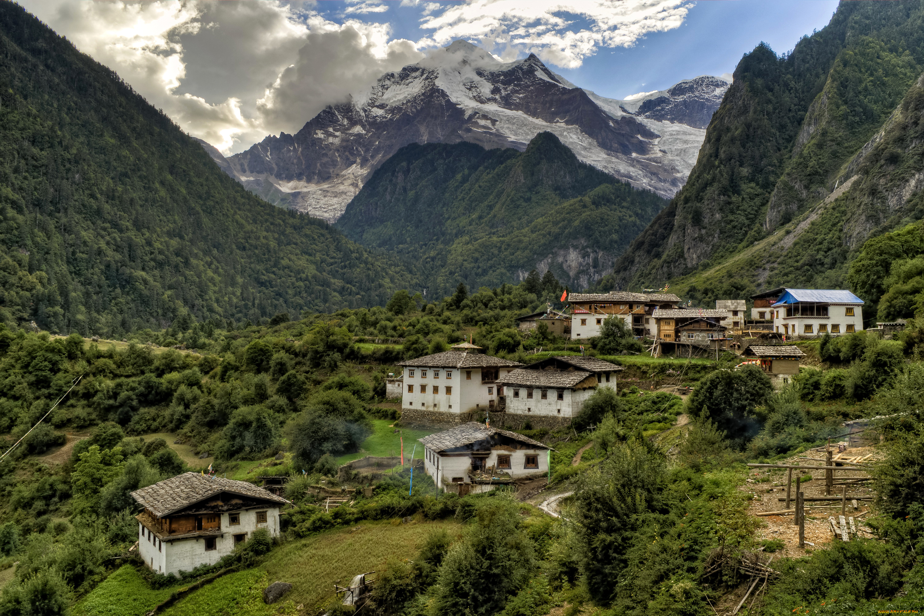 города, -, пейзажи, домики, деревня, yunnan, yubeng, ущелье, скалы, горы, китай