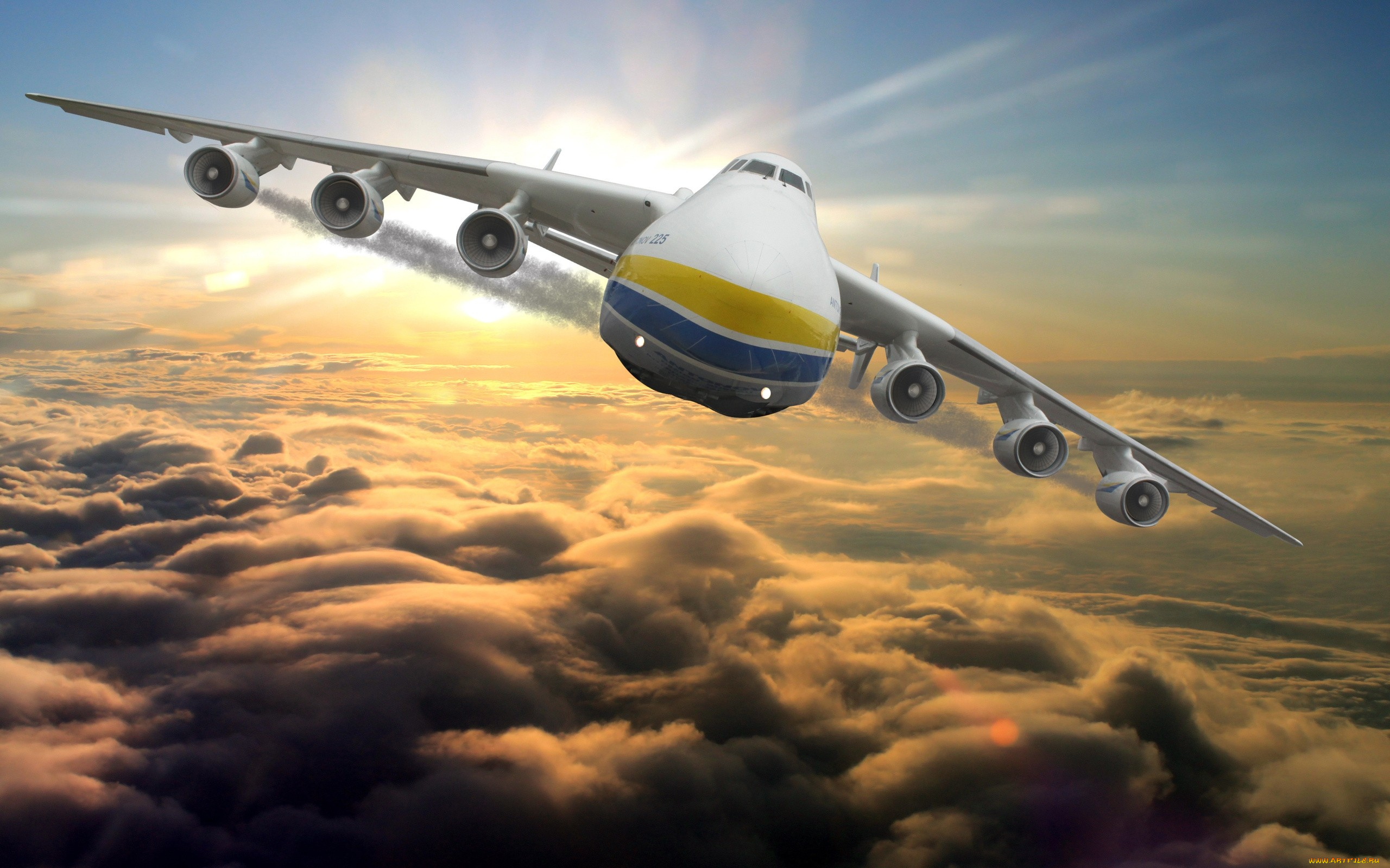 авиация, 3д, рисованые, v-graphic, лучи, облака, небо, полет, самолет