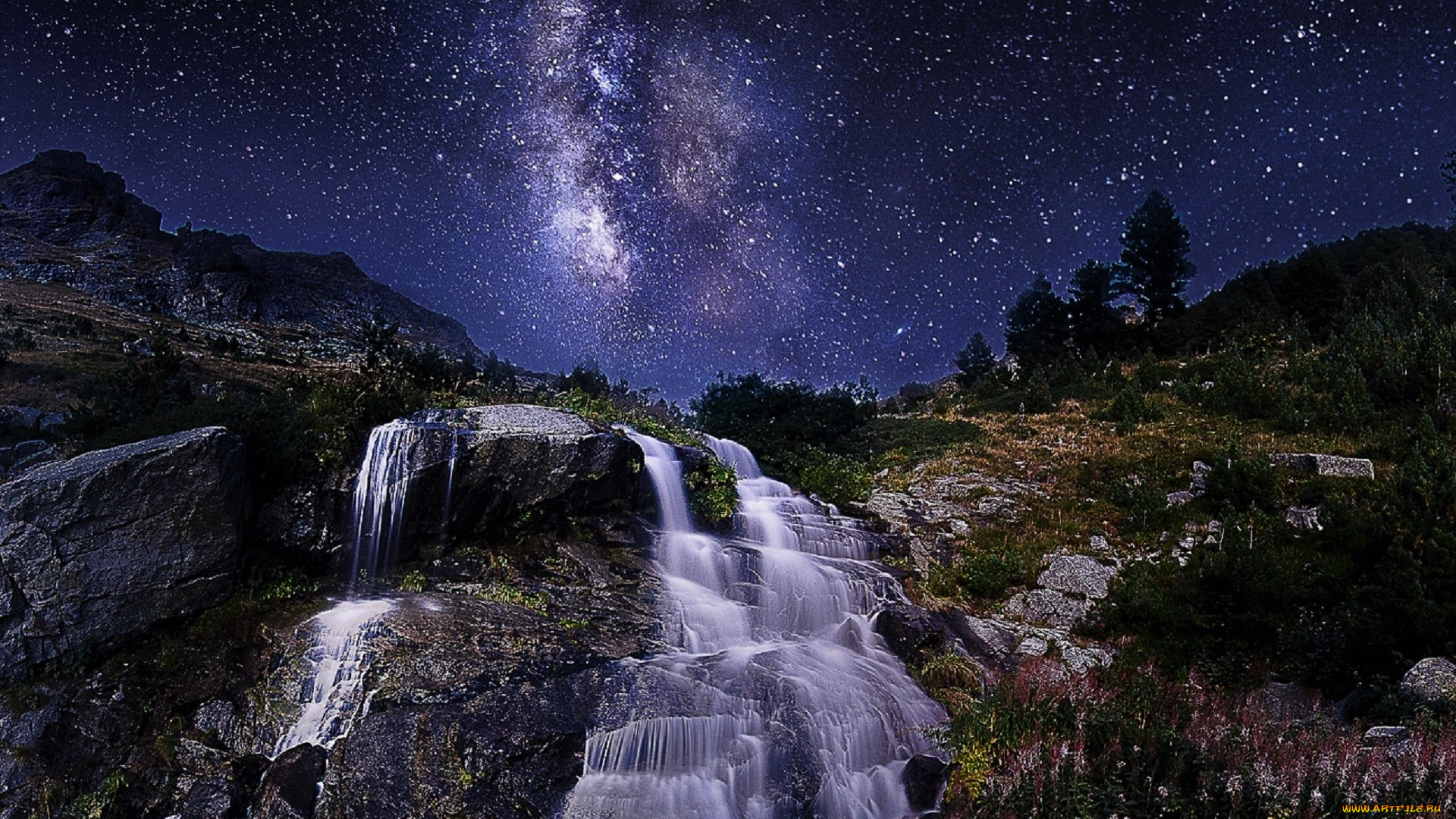 природа, водопады, ночь, водопад, звезды