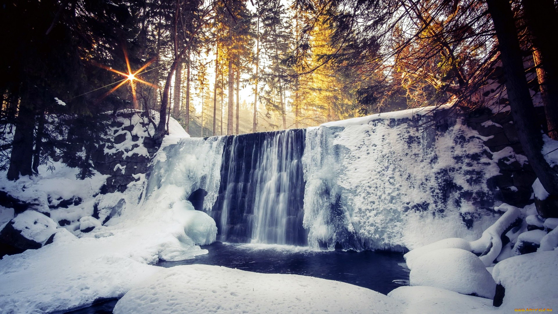 природа, водопады, зима, снег, лед