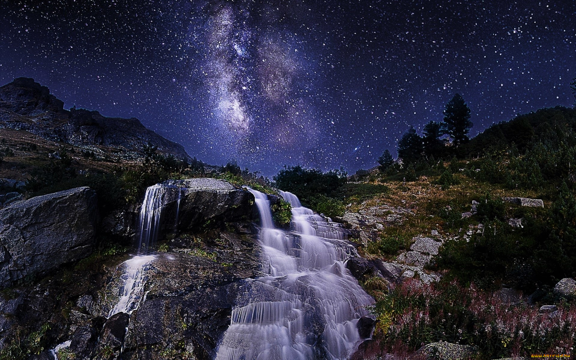 природа, водопады, ночь, водопад, звезды