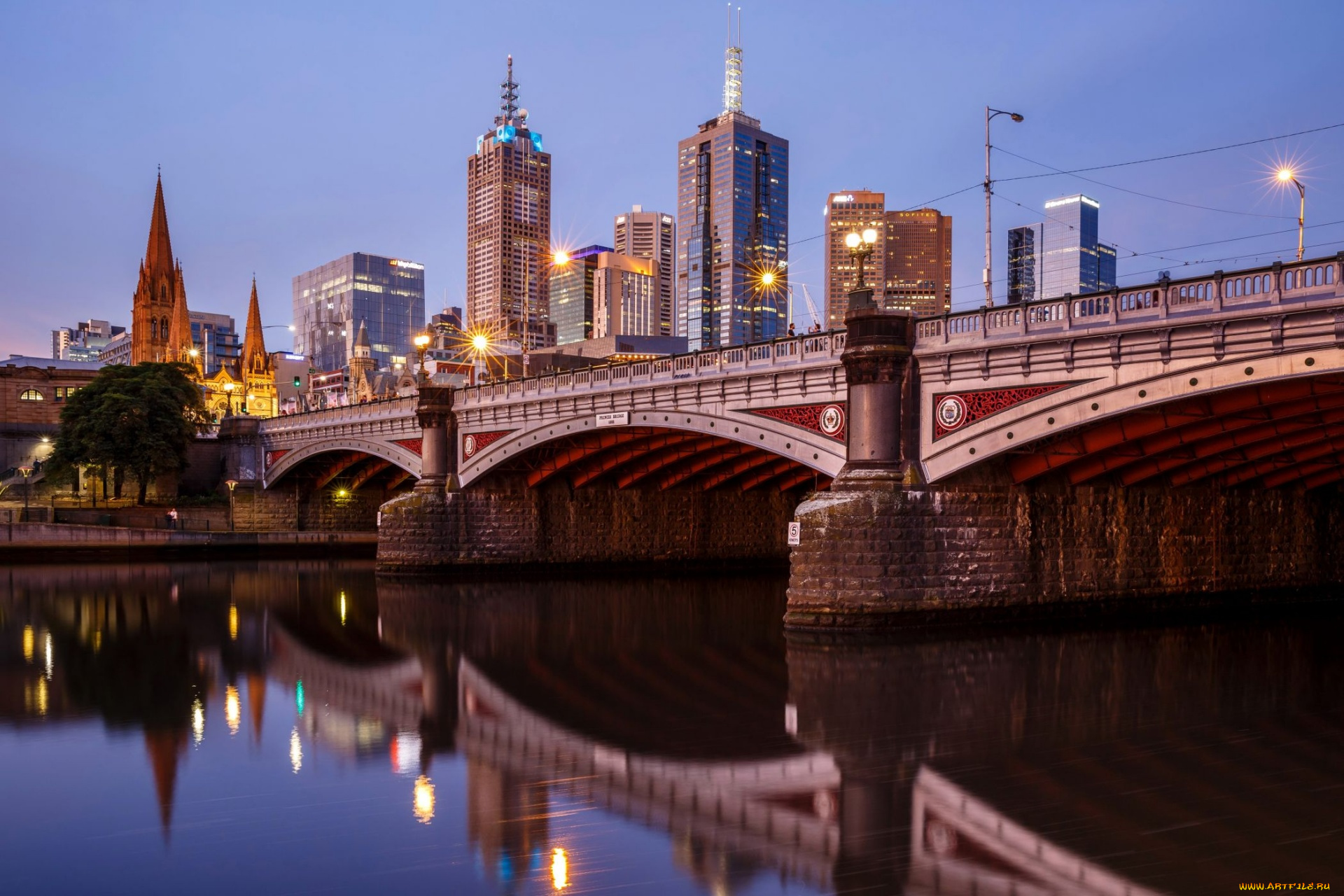города, мельбурн, , австралия, река, мост, вечер, огни