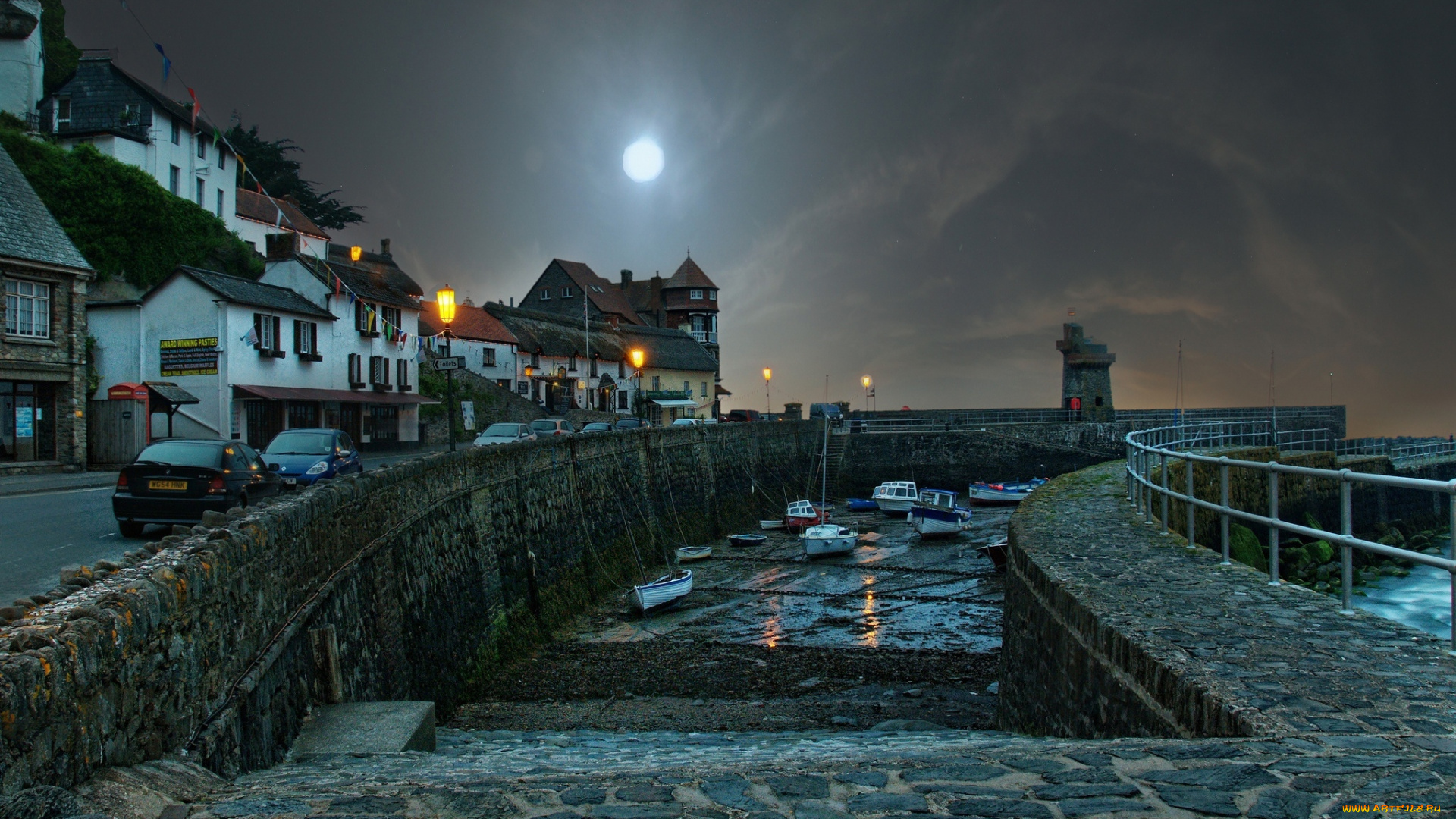 lynmouth, , devon, , england, , great, britain, города, -, улицы, , площади, , набережные, лодки, канал, машины, дома, луна