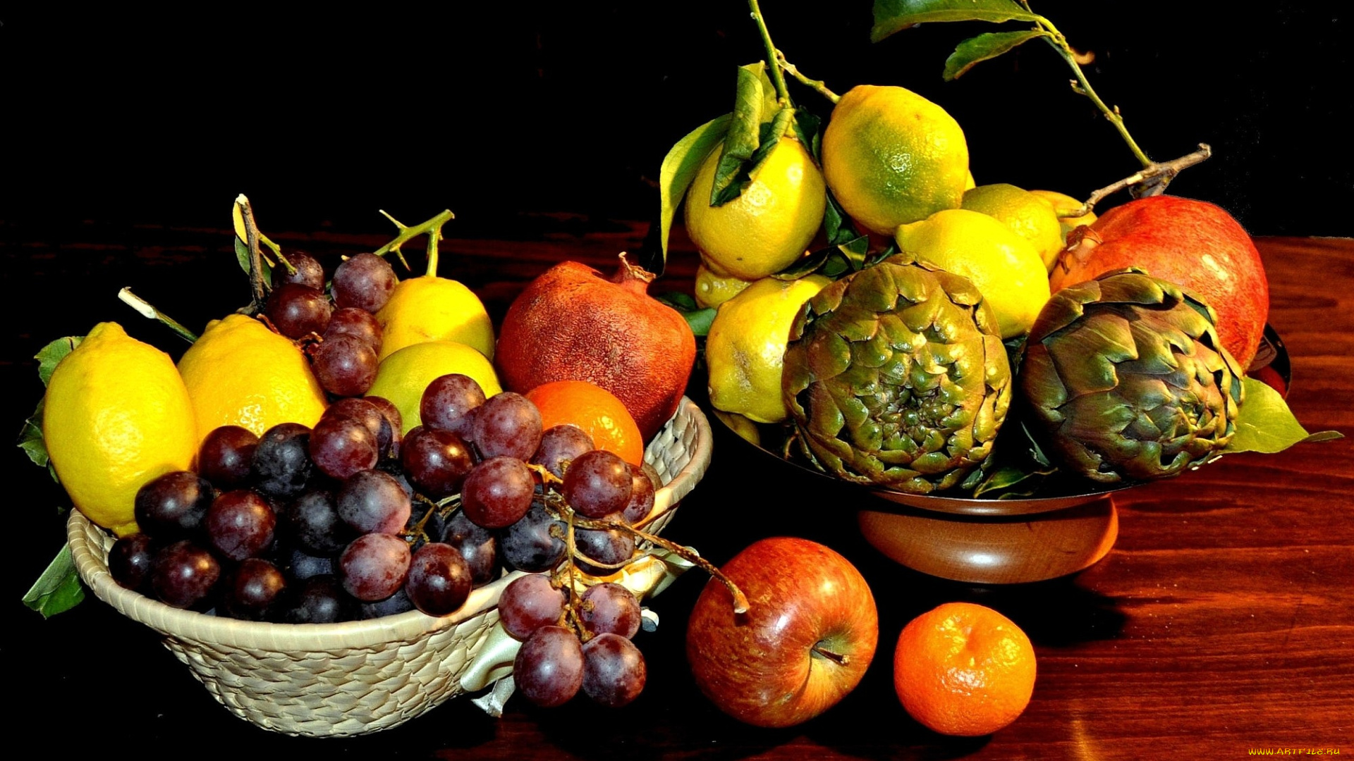 еда, фрукты, овощи, вместе, мандарин, артишоки, яблоки, лимоны, гранат, виноград