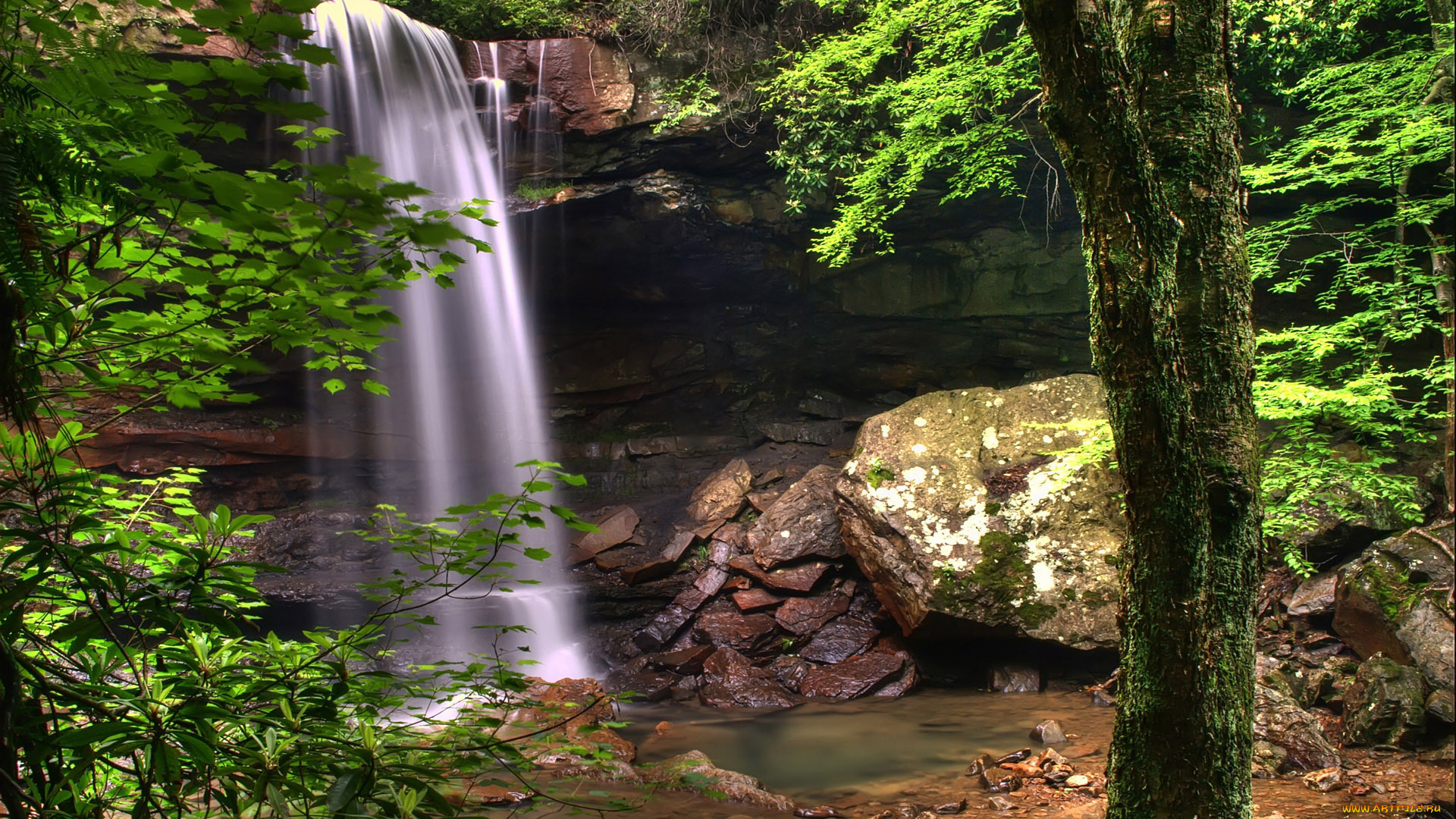 природа, водопады, камни, зелень, вода, деревья