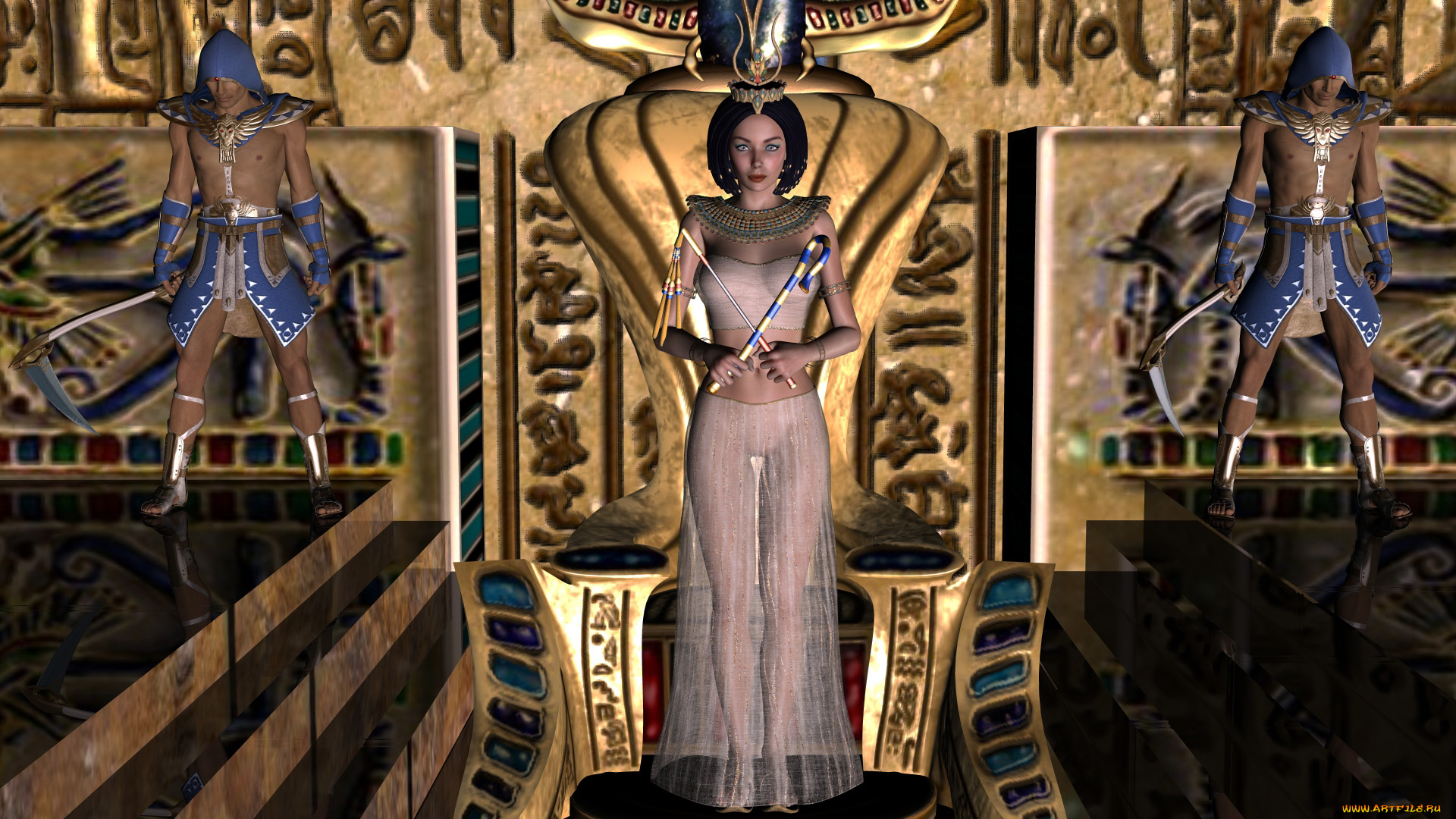 elizabeth, queen, of, the, nile, 3д, графика, fantasy, , фантазия, девушка, взгляд, трон, символы, власти, воины, корона