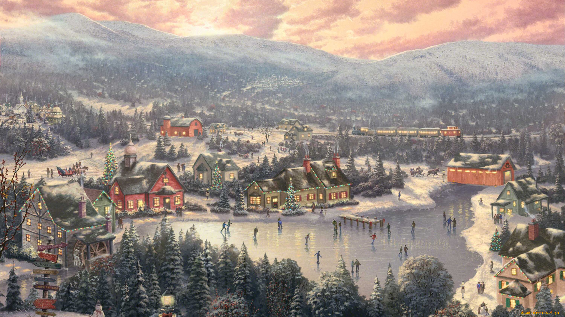 sunset, on, snowflake, lake, рисованные, thomas, kinkade, зима, каток, озеро, город, томас, кинкейд