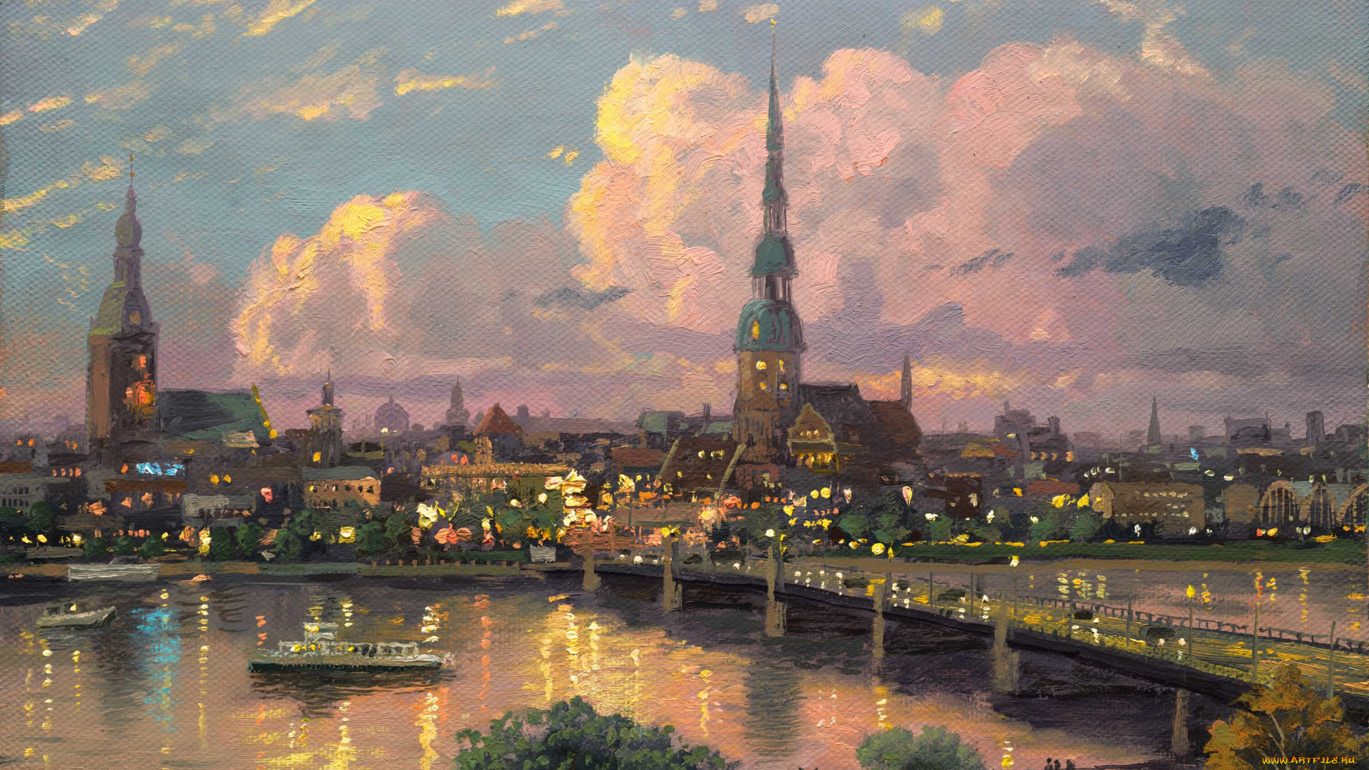 sunset, over, riga, , latvia, рисованные, thomas, kinkade, даугава, река, мост, закат, рига, город, томас, кинкейд