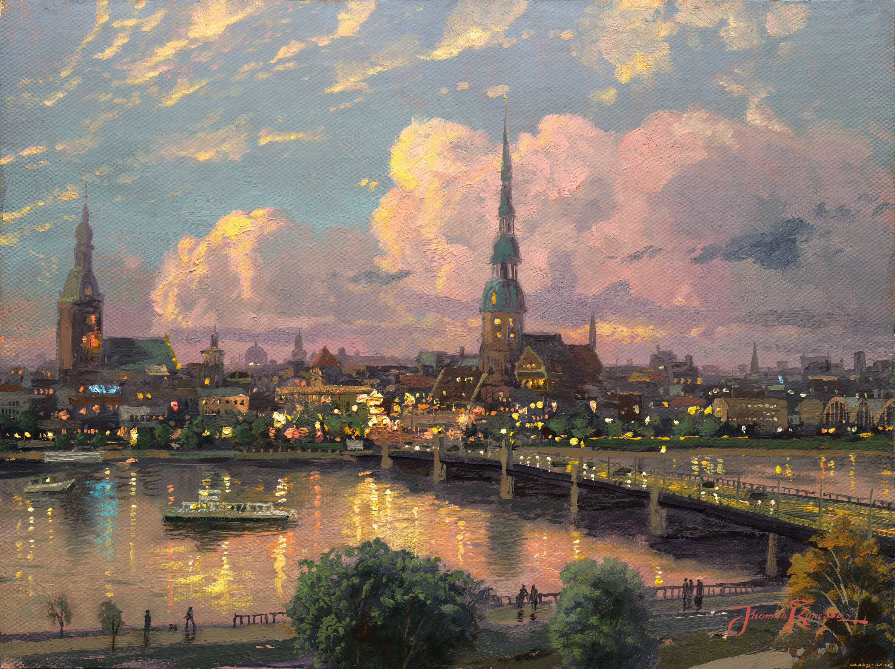 sunset, over, riga, , latvia, рисованные, thomas, kinkade, даугава, река, мост, закат, рига, город, томас, кинкейд