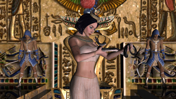Картинка 3д+графика fantasy+ фантазия девушка взгляд трон символы власти воины корона змея
