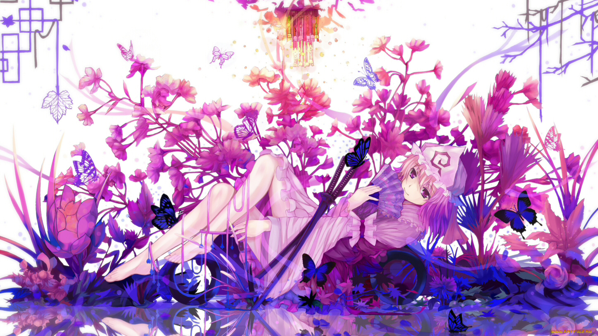 аниме, touhou, цветы, девушка, арт, бабочки, отражение, мечи, dead, line, saigyouji, yuyuko