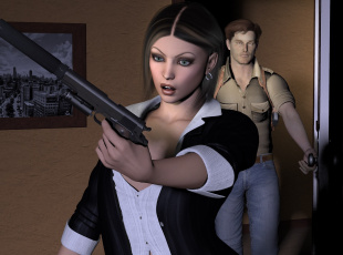 Картинка 3д+графика фантазия+ fantasy взгляд девушка фон оружие мужчины ограбление