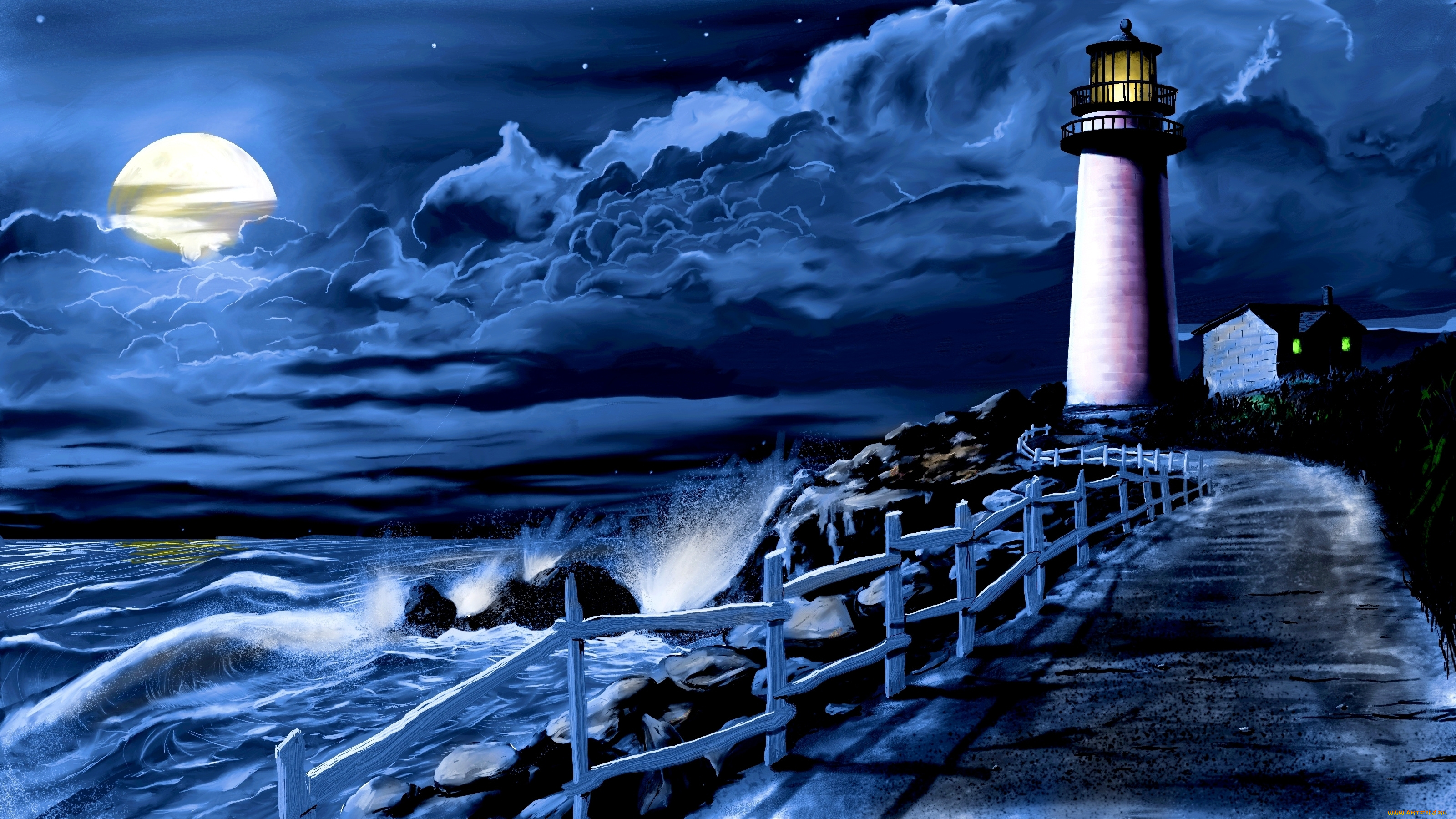 рисованное, природа, волны, луна, ночь, море, прибой, дорожка, маяк, облака