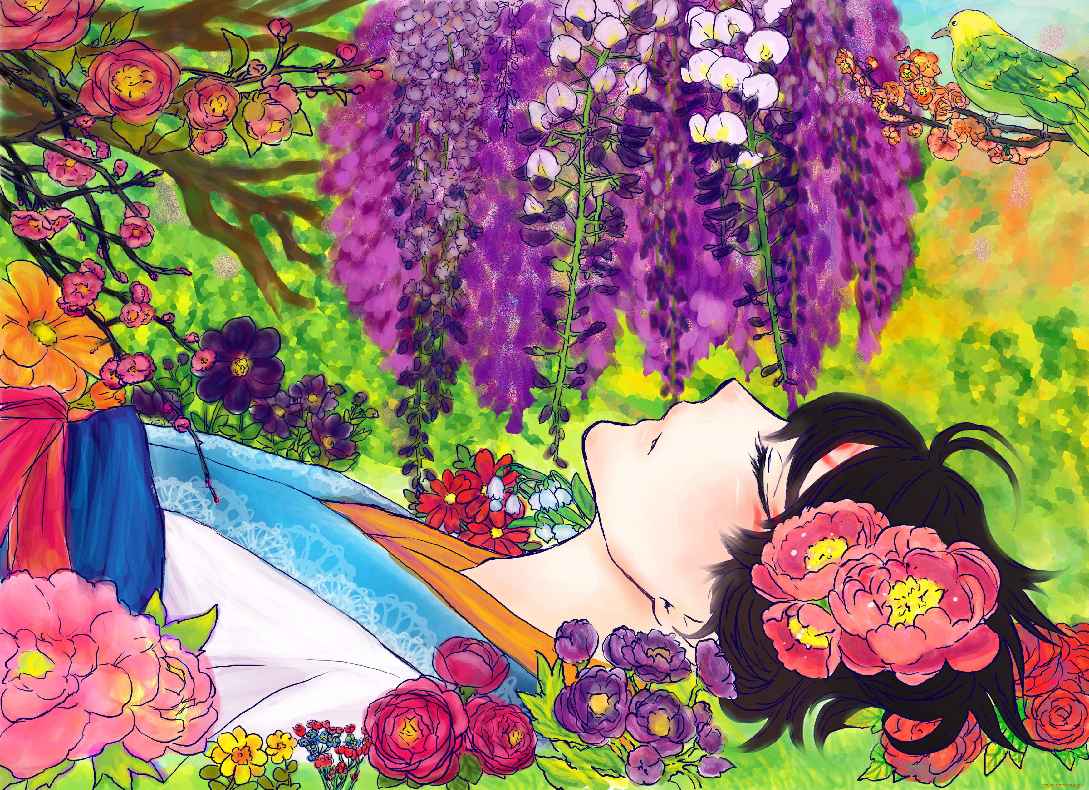 аниме, unknown, , другое, птица, кимоно, лежит, цветы, девушка