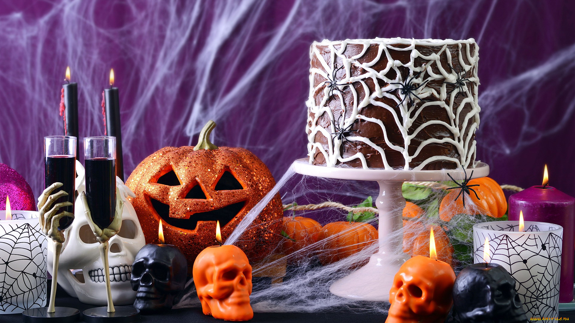 праздничные, хэллоуин, череп, бокалы, свечи, торт, тыква