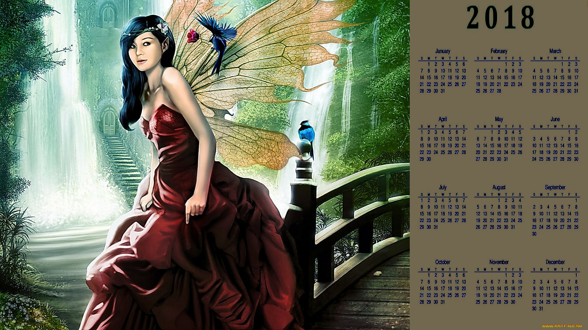 календари, фэнтези, крылья, птица, мост, взгляд, девушка, водопад