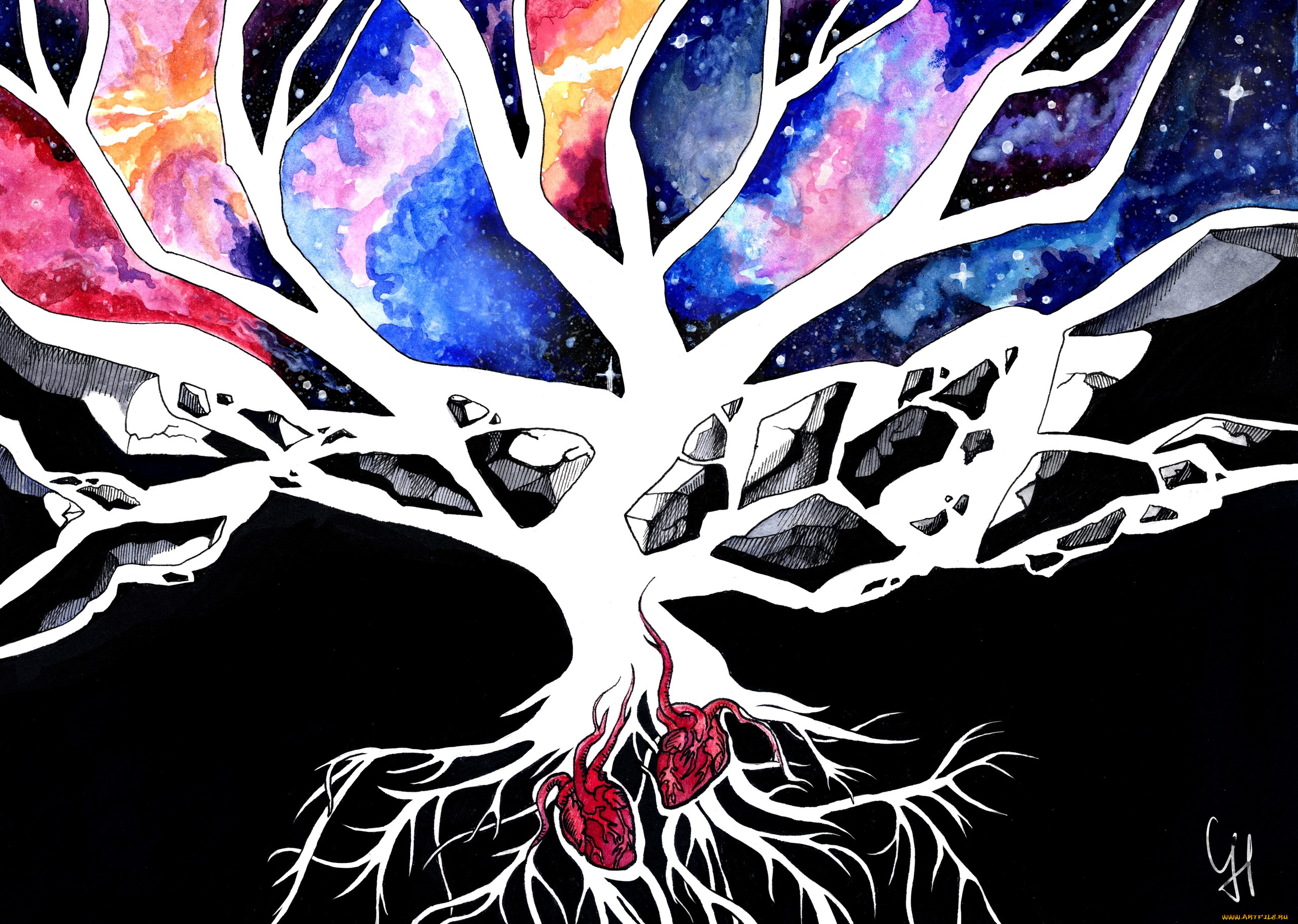 рисованное, -, другое, дерево, космос, корни, сердца