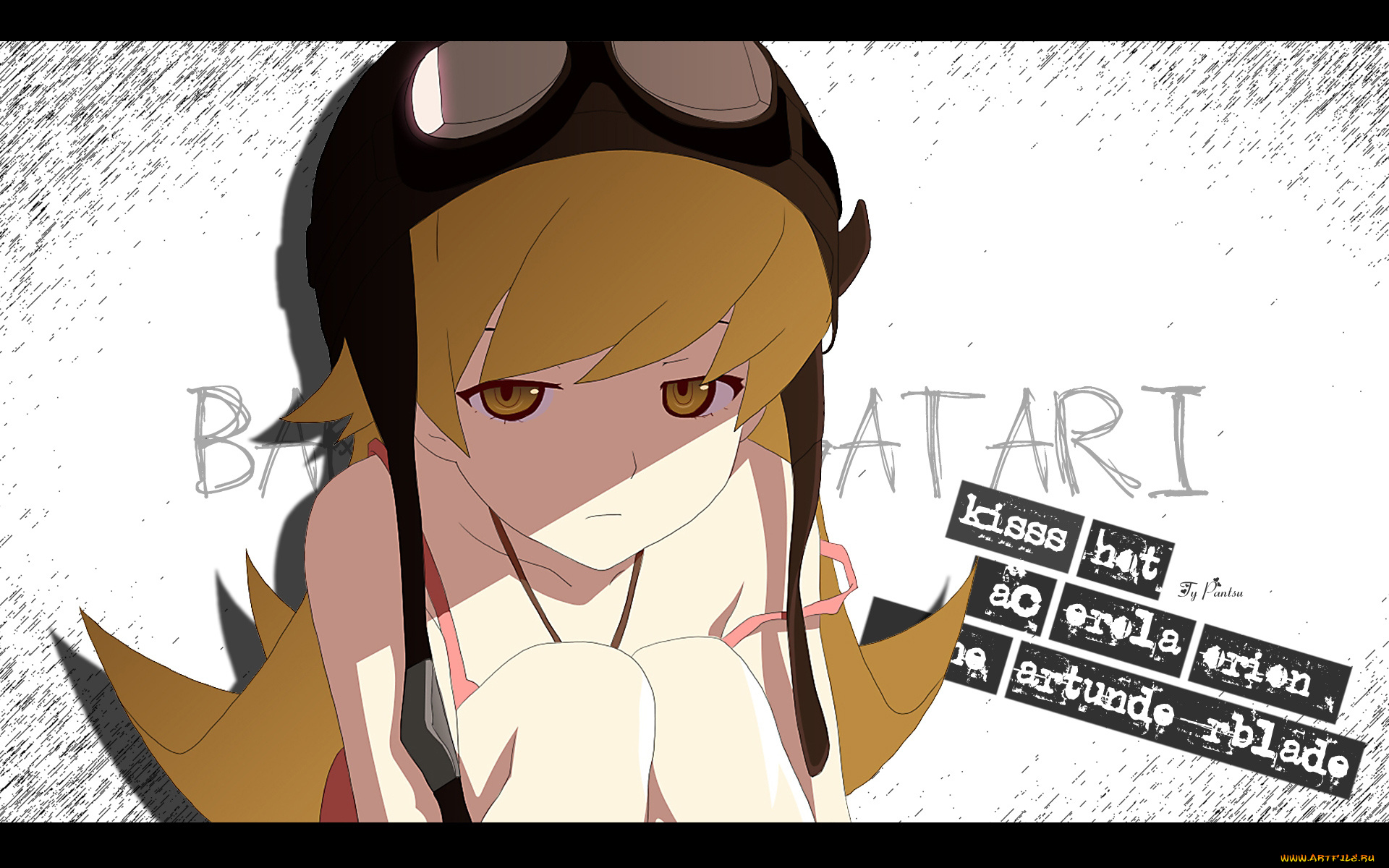 аниме, bakemonogatari, oshino, shinobu, девушка, платье, шлем, надпись