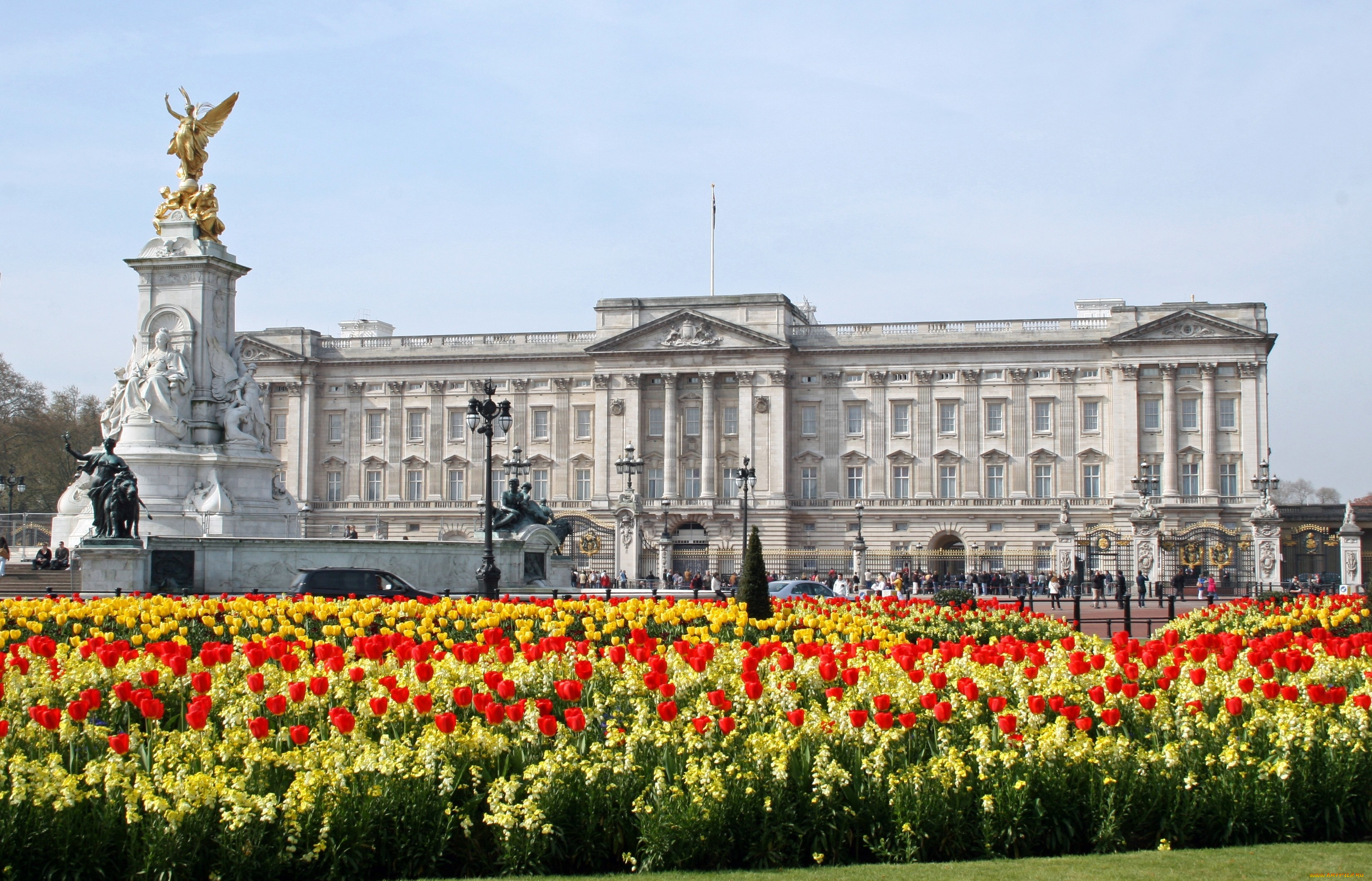 букингемский, дворец, англия, города, лондон, великобритания, цветы, статуи