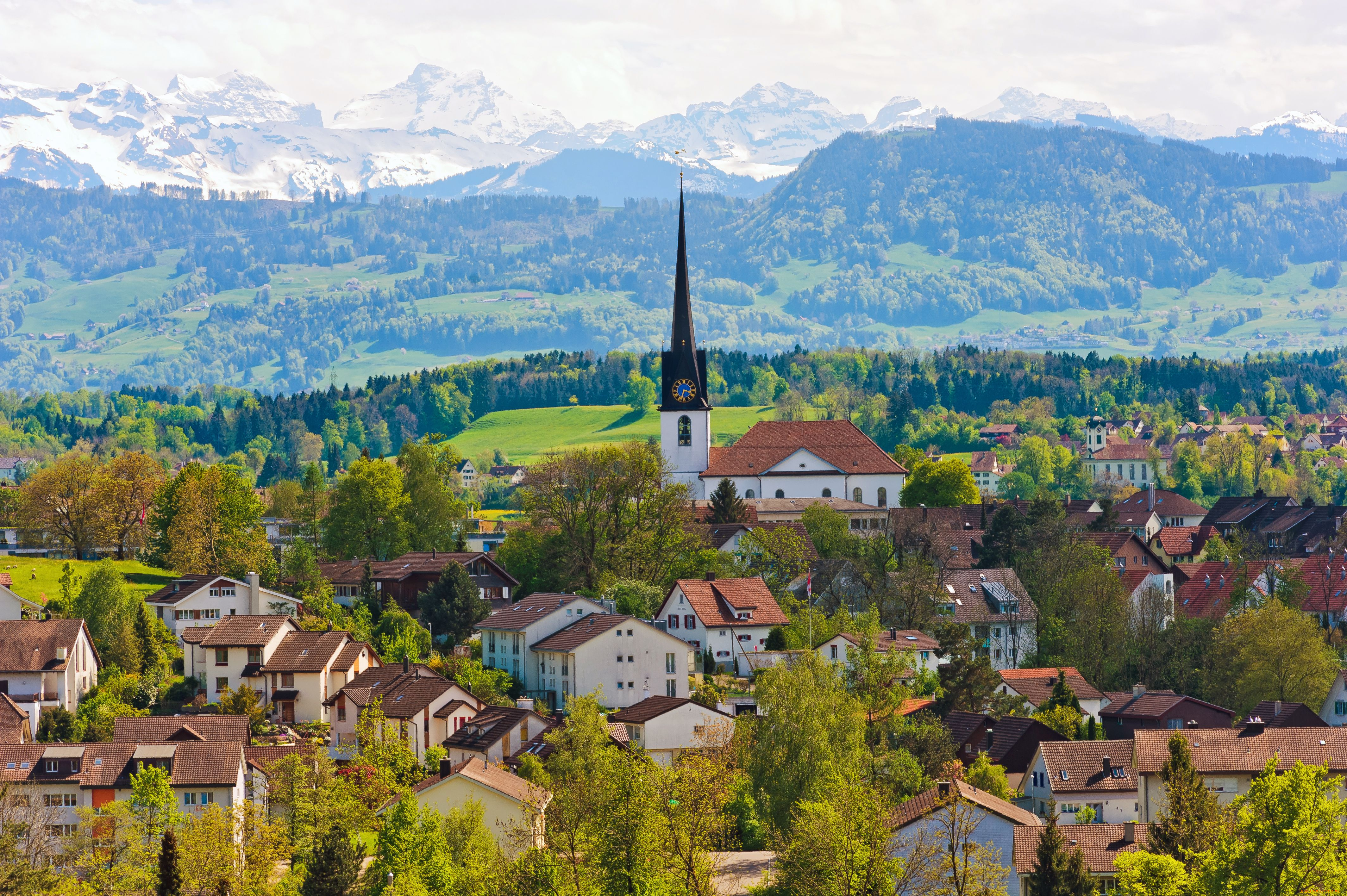 gossau, switzerland, города, пейзажи, церковь, горы, швейцария, здания, дома, деревья