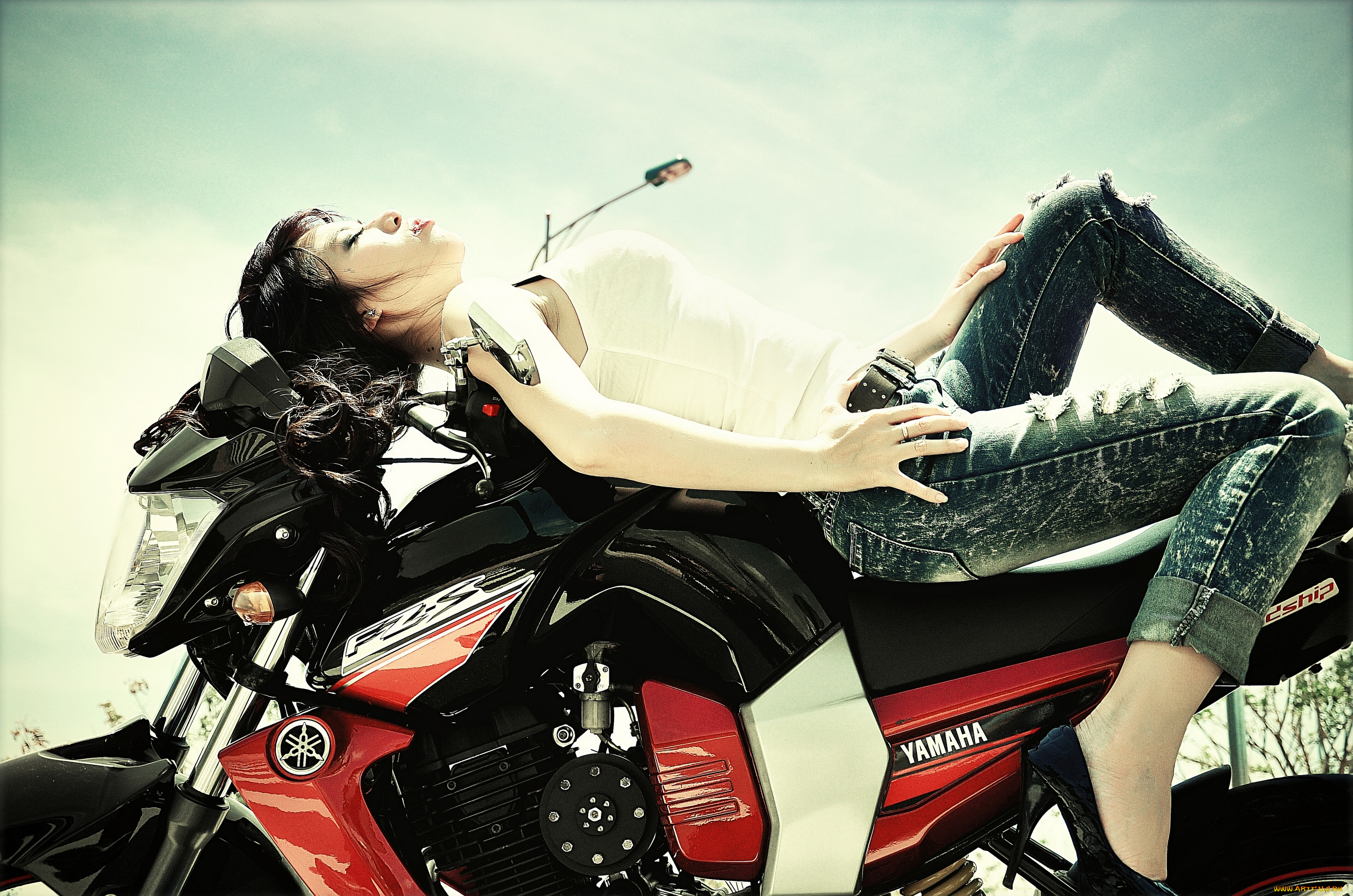 мотоциклы, мото, девушкой, yamaha, азиатка, джинсы