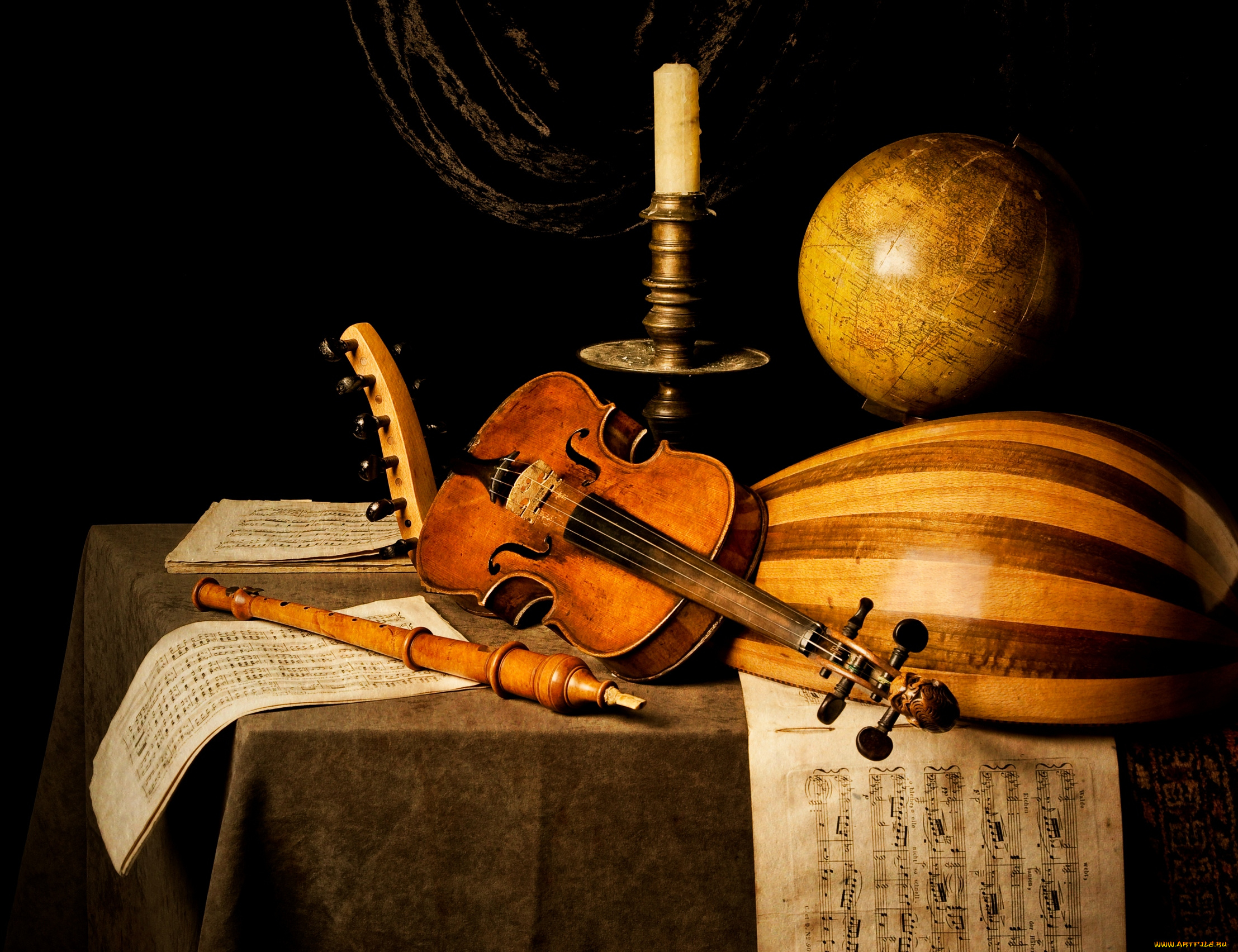 музыка, -, другое, дудка, скрипка, ноты, музыкальный, натюрморт, глобус, свеча