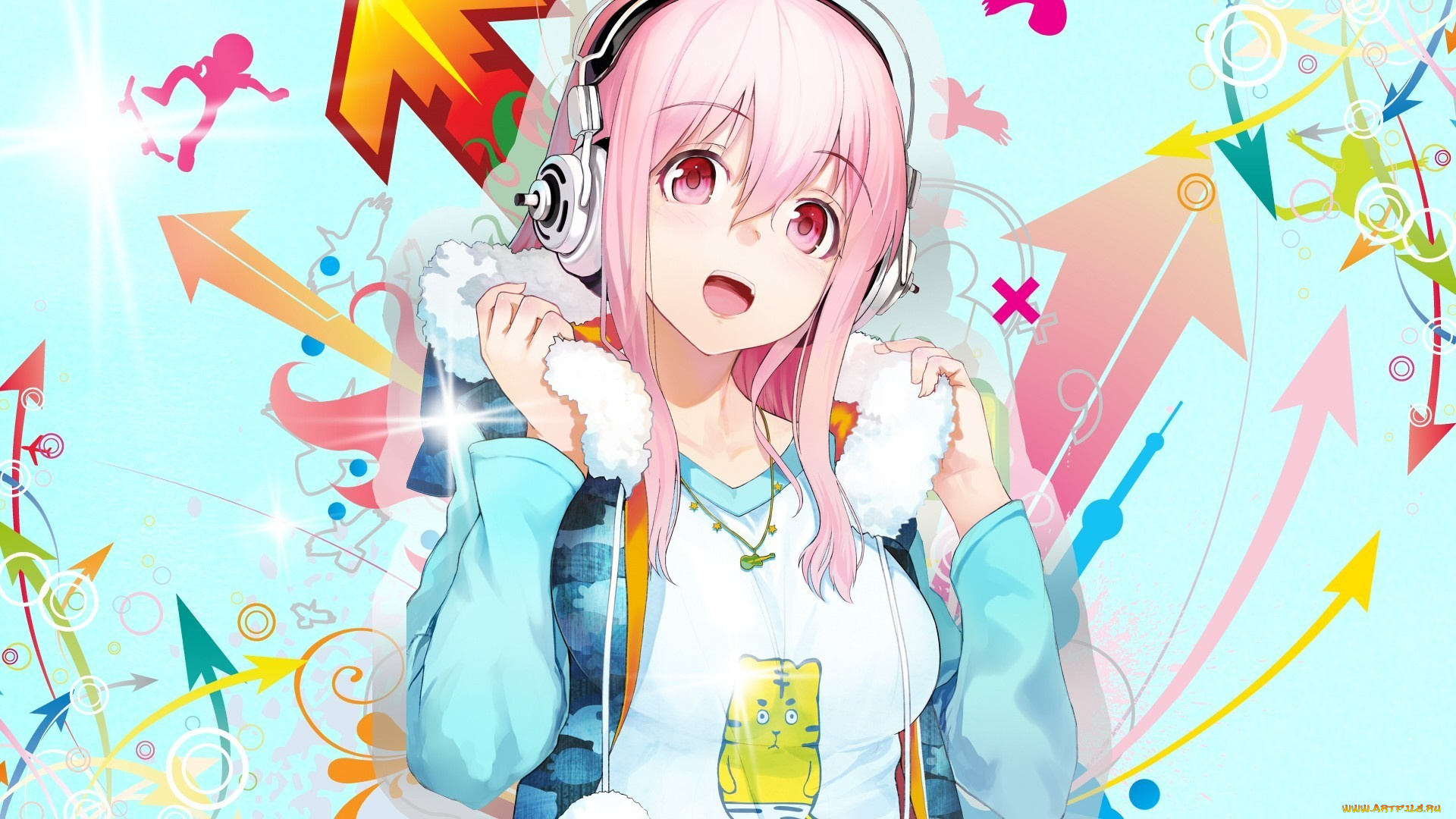 super, sonico, аниме, девушка, взгляд, наушники, фон