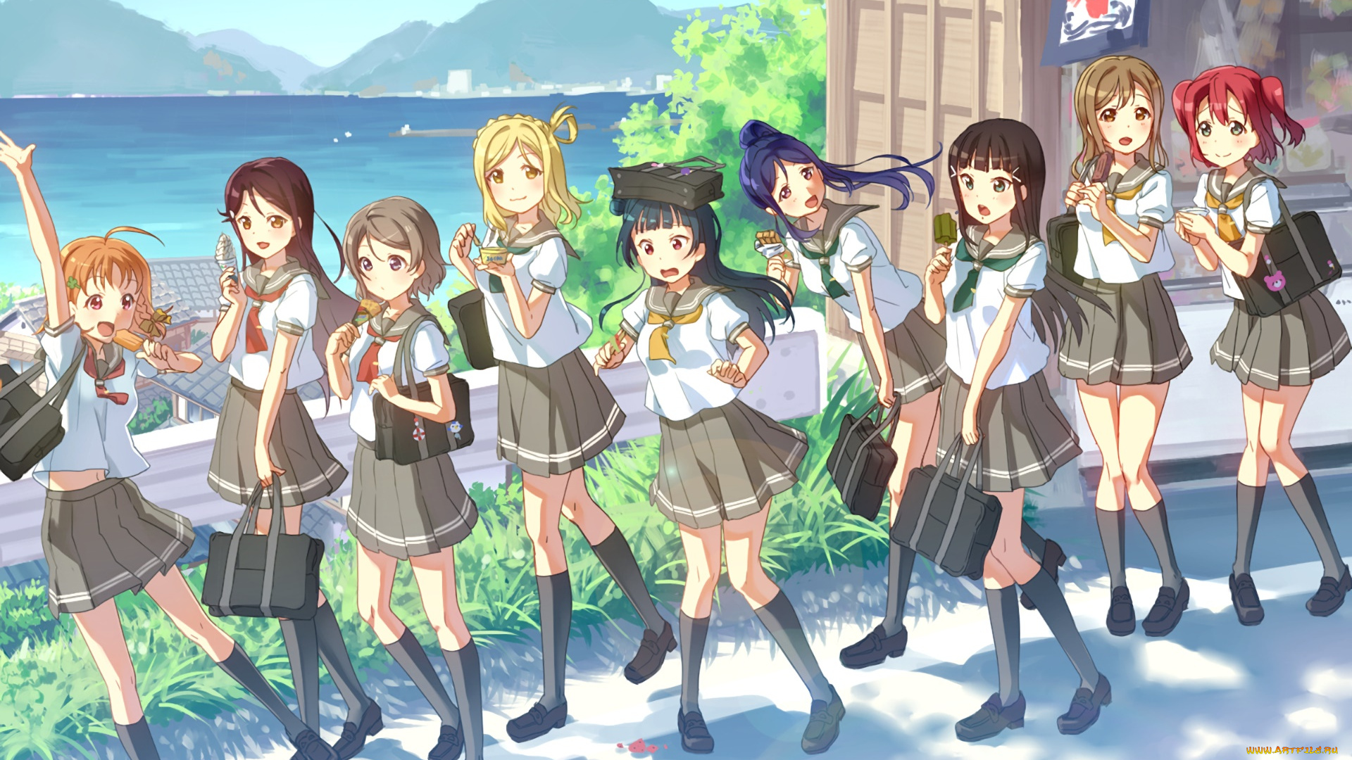 аниме, love, live, , school, idol, project, девушки, взгляд, фон