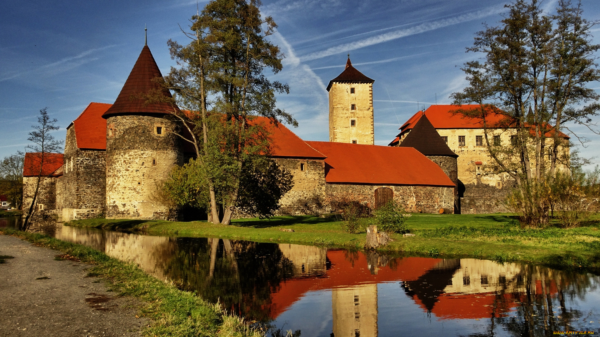 Чехия, города, -, дворцы, , замки, , крепости, красные, крыши, трава, здания, водоем