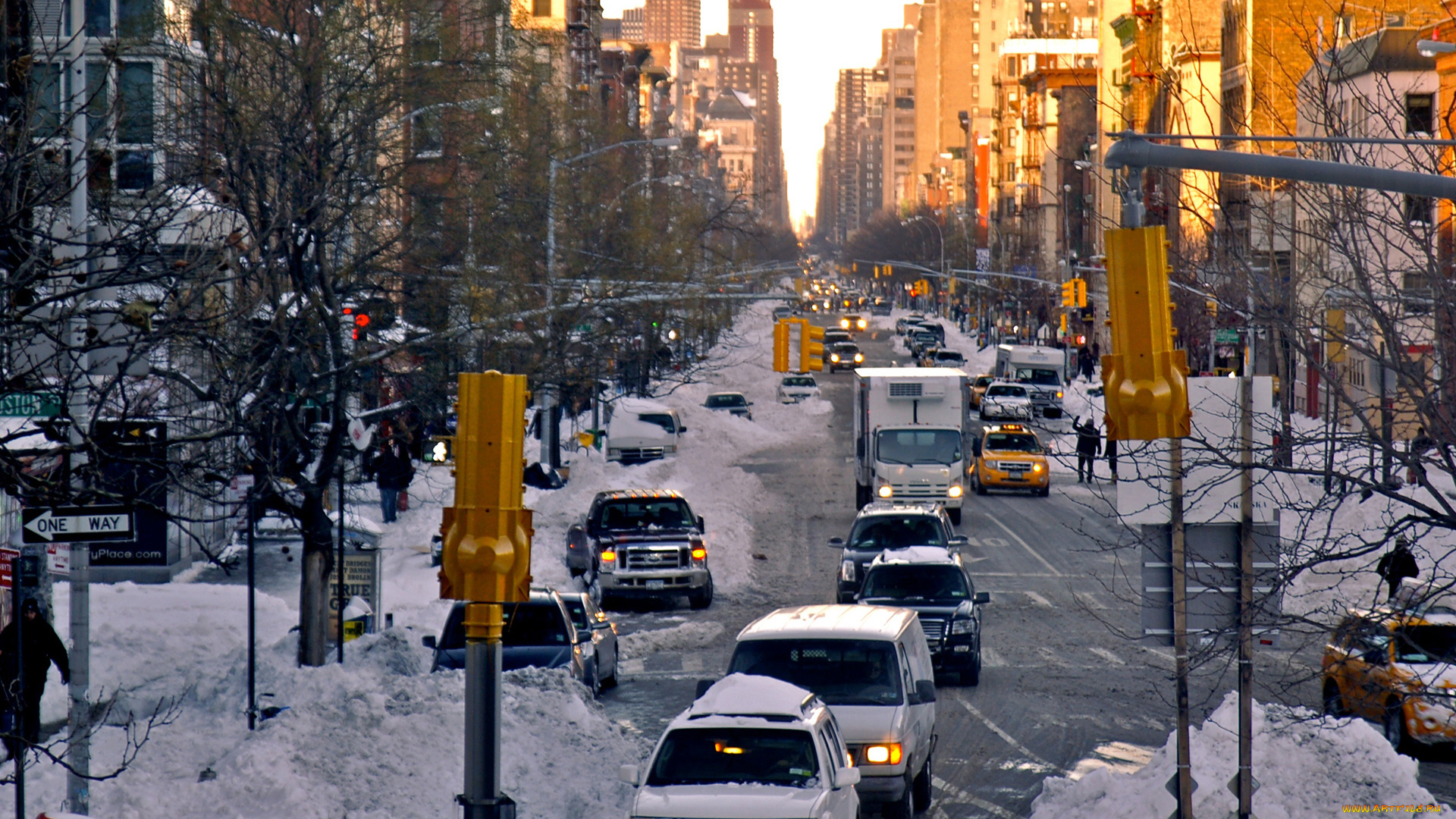 нью-йорк, города, нью-йорк, , сша, здания, небоскребы, снег, машины